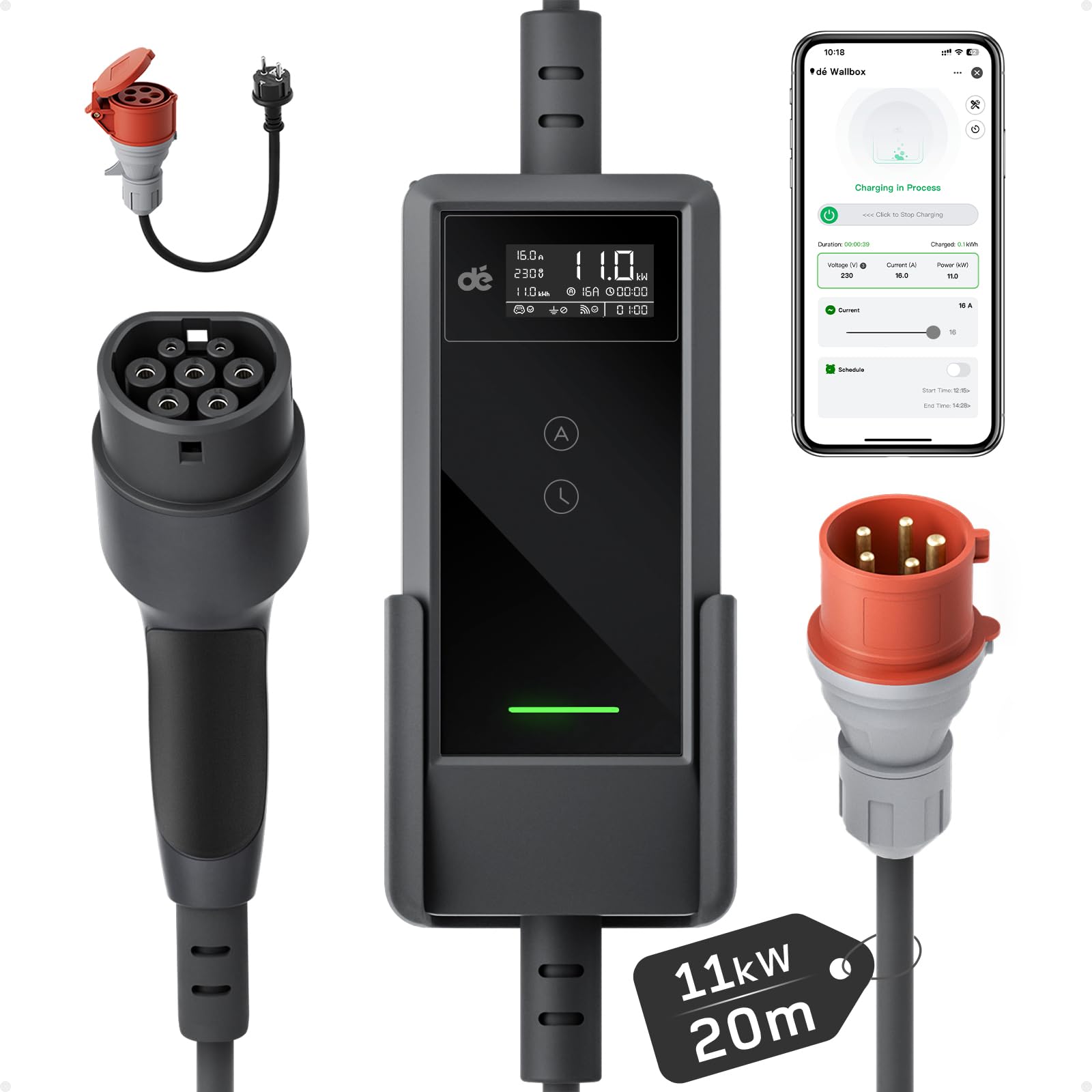 dé Mobilny Wallbox 11 kW z aplikacją [20 m | 3-fazowy | 6-16 A], kabel do ładowania do samochodu CEE-16A 400 V na typ 2 z regulowaną mocą ładowania, ładowarka EV do ID.3/4/5/7, IX1, model 3/Y i innych