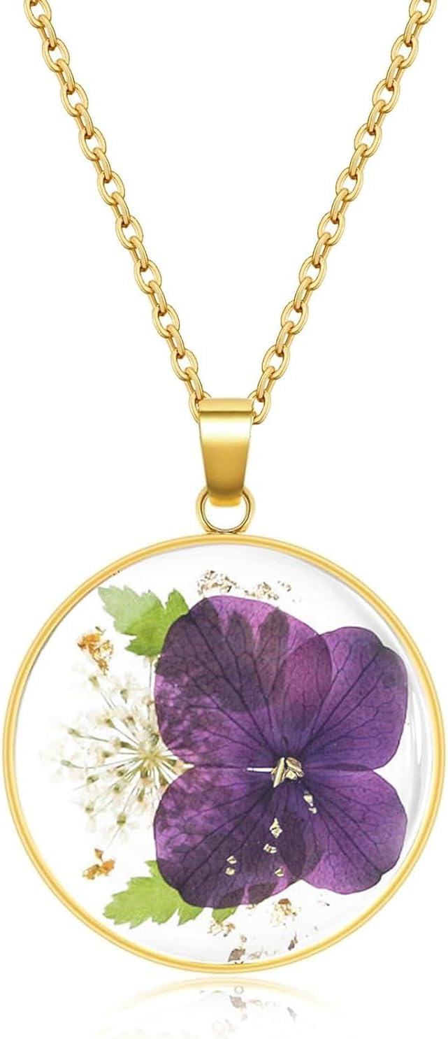 Birth Flower Necklaces for Women, Birth Month Carnation Pressed Flower Necklace, Handmade Resin Flower Pendant, Personalized Jewelry for Women Birthday Gift 18''