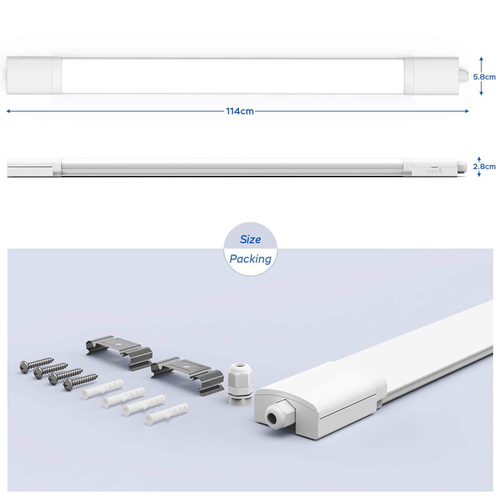 ANTENLICHT LED Feuchtraumleuchte 120CM mit 36W 3960Lumen Kaltlweiß 5000k, Einfache Montage Wannenleuchte Flach Deckenleuchte Feuchtraum Wasserfest IP65 Werkstattlampe für Büro Keller Garage, Weiß