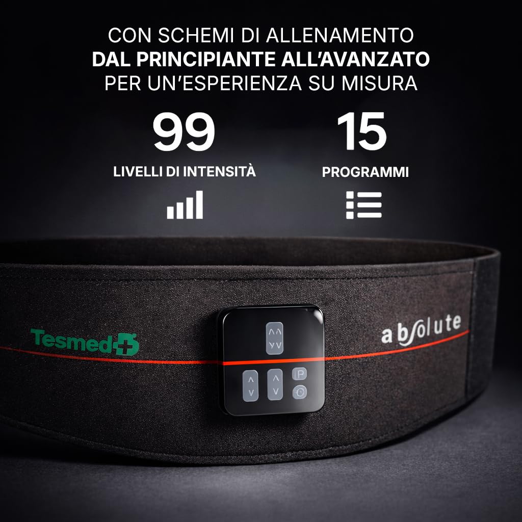 TESMED Absolute: Cintura Addominale EMS, Elettrostimolatore per Addominali Centrali e Laterali – Ricaricabile, 99 Intensità – Allenamento e Tonificazione Muscolare – Made in Italy