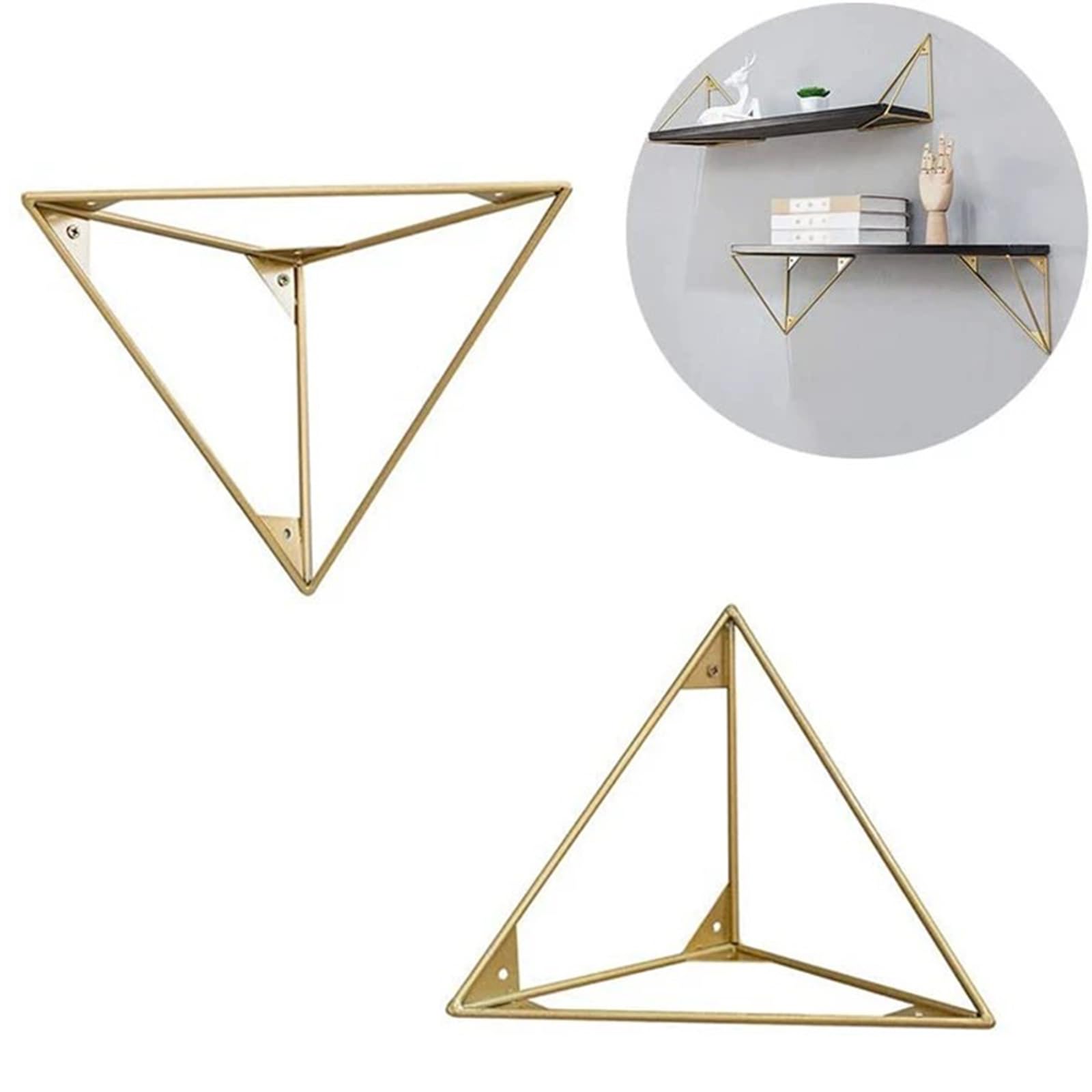 tow000ack Metal Wall Mounted Floating Shelf Bracket Heavy Duty Triangle Shelf Support for DIY Open Shelving,Carbon Steel Decorative Shelf Brackets,with Screws,Gold,Pack of 2 (20cm(7.9in))