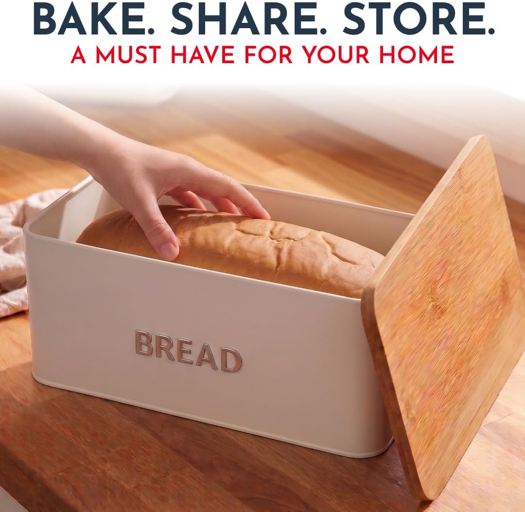 Culinary Couture White Bread Box for Kitchen Countertop with Bamboo Lid - Large BreadBox for Homemade Bread - Storage BreadBox with Cutting Board Lid