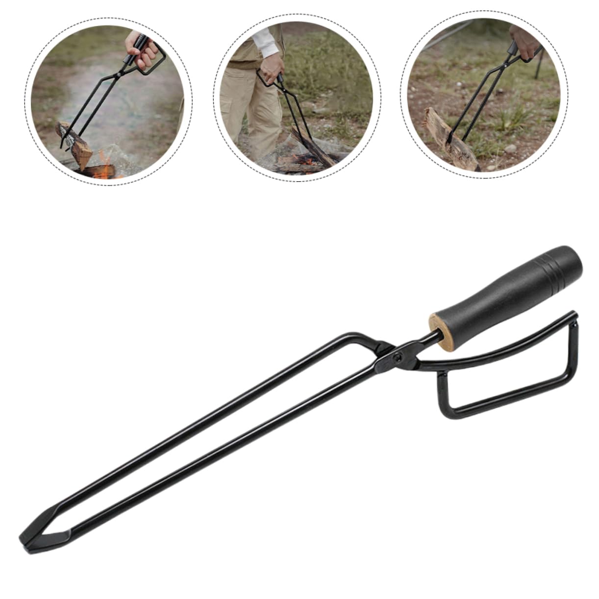 Pinza per Focolare da Esterno in Ferro con Manico in Legno Nero | Barbecue in Giardino e Picnic, Facile da Usare, Comoda Presa, per Legna e Carbone