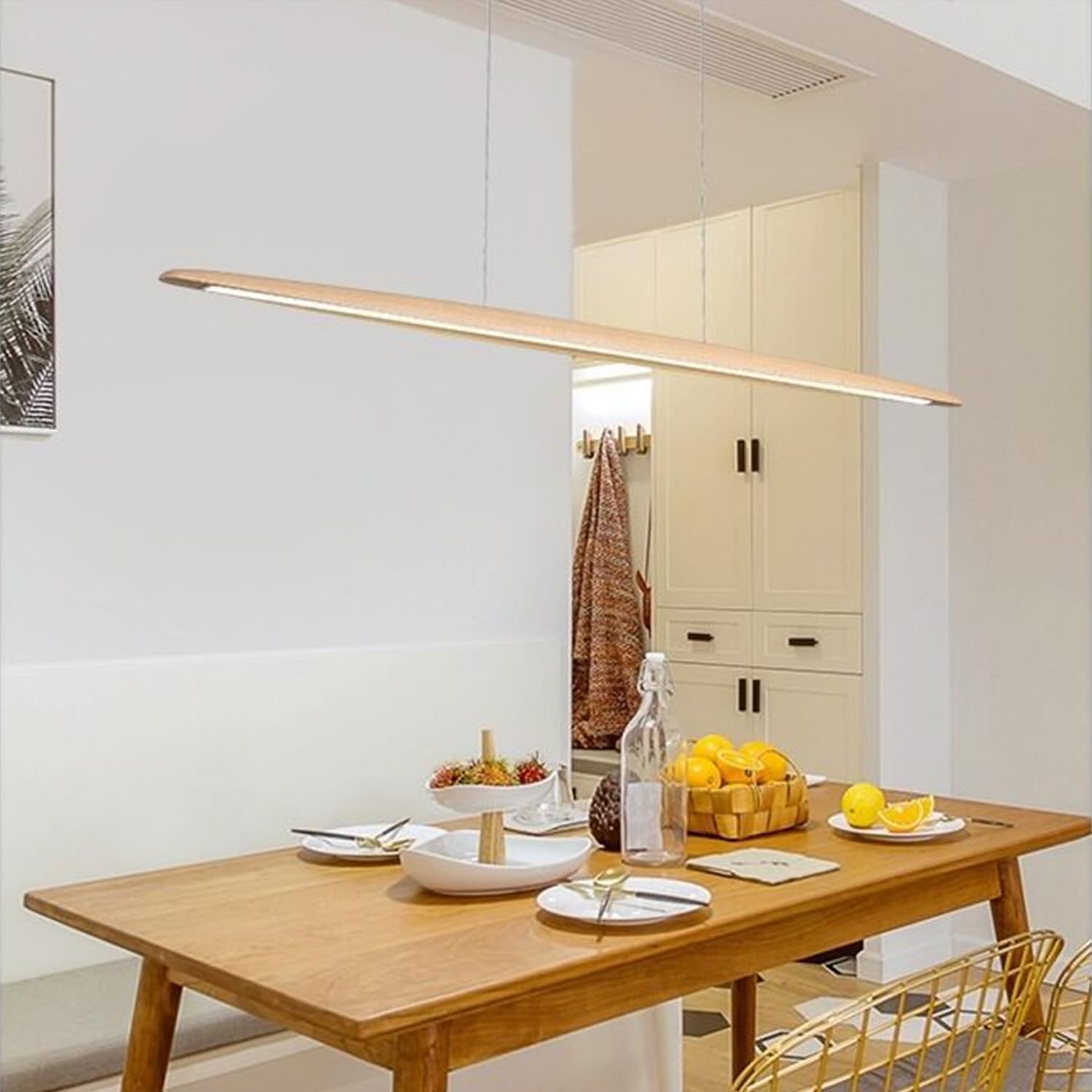 Aleaty LED Wood Pendant Lamp Dining Table Pendant Lamp 3000-6000K Dimmable with Remote Control Table Pendant Lamp Height Adjustable Modern Straight Design Living Room Lamp Hanging (Wood, L100cm)