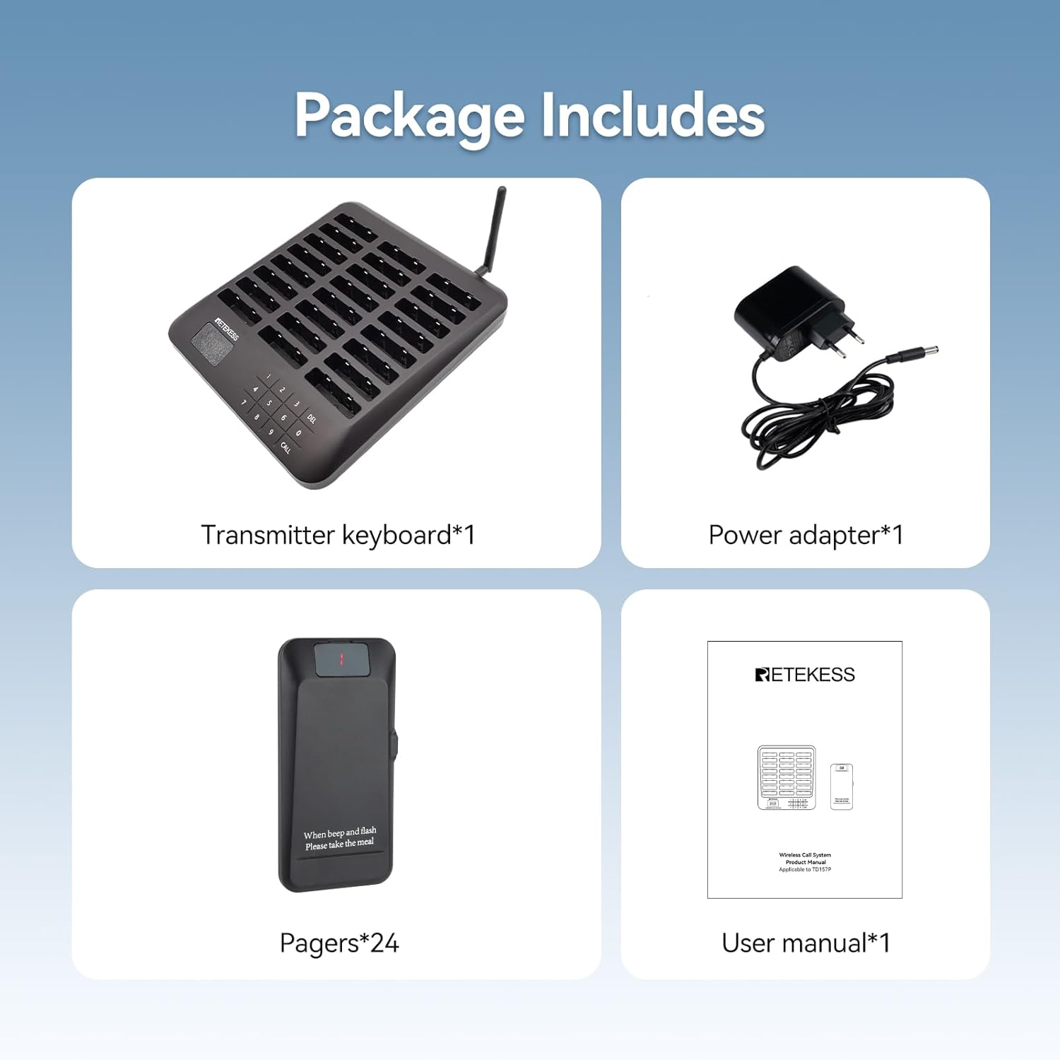 Contents of the Retekess TD157P package, showing the transmitter keyboard, power adapter, 24 pagers, and user manual.