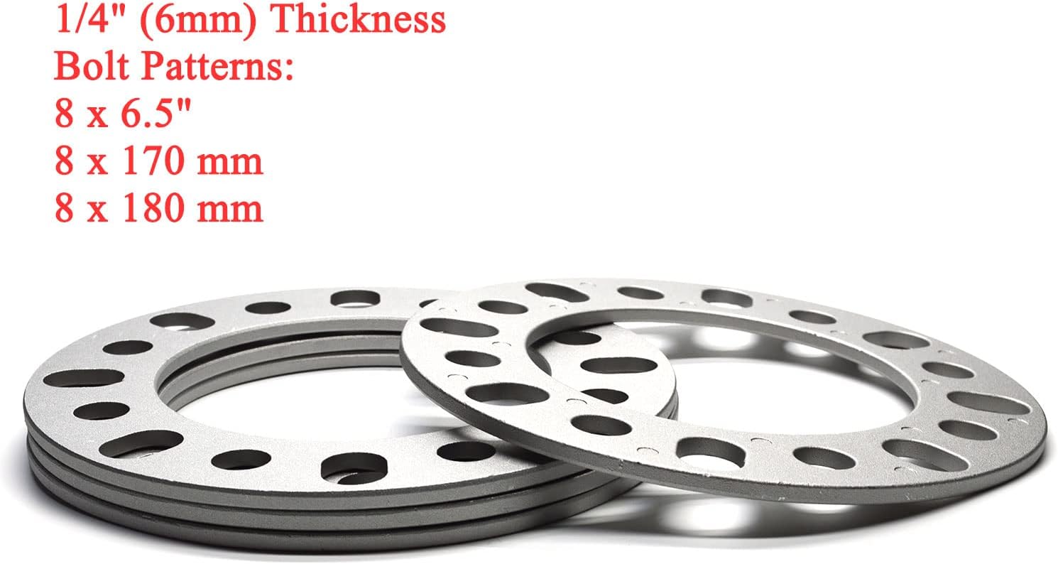 6mm 8x6.5 8x170 8x180 Wheel Spacers, 1/4 inch, Pack of 4 | 8x6.5 8x170 8x180 8x165.1 mm Universal, Compatible with 8 Lug Ford Chevy GMC Dodge Ram
