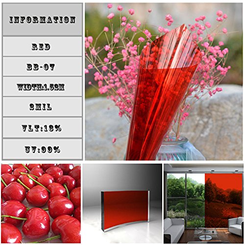 Hohofilm 19.6" X16Ft Roll Transparent Red Window Film Solar Tint Self-Adheisve Block Sun Decorative Window Glass For Office Home Building #TOP5