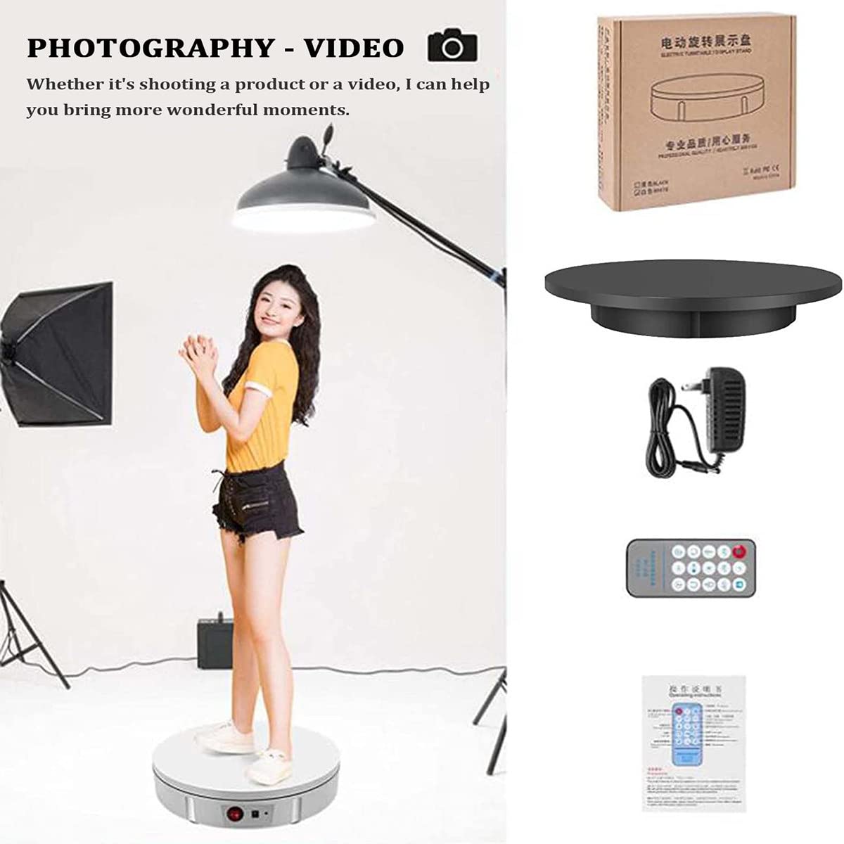 Plataforma giratoria motorizada para fotografía, Soporte de exhibición de Plataforma giratoria de 360 Grados para Modelos 3D, Joyas y coleccionables, Velocidad de Control Remoto,White-52cm