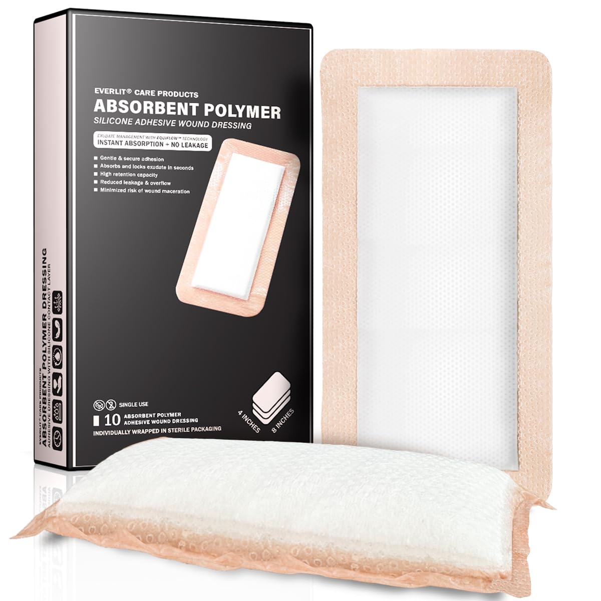 EVERLIT Silicone Super Absorbent Dressing with Border | Sterile Self-Adhesive SAP Bandage Pad for High Absorbency & Reduced Risk of Maceration | Advanced Wound Care for Heavily Exudating Wound 4x8