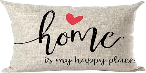 Ramirar Funda de almohada decorativa con texto en inglés «Home is My Happy Place», funda de almohada decorativa con texto en inglés «Home is My
