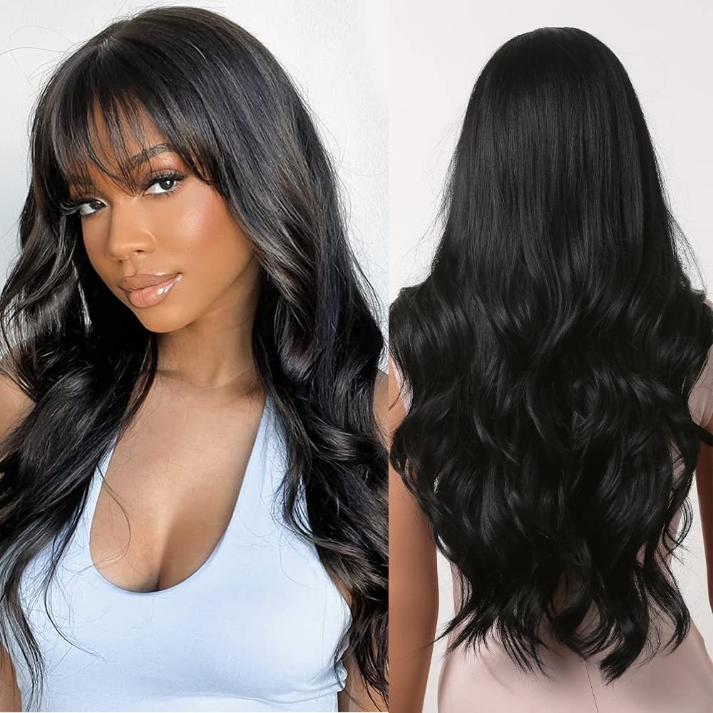 Allbell Black Wig for Women, Long Wavy Wig,Wig with Bangs,Synthetic Wig, Heat Resistant Wig for Daily Party