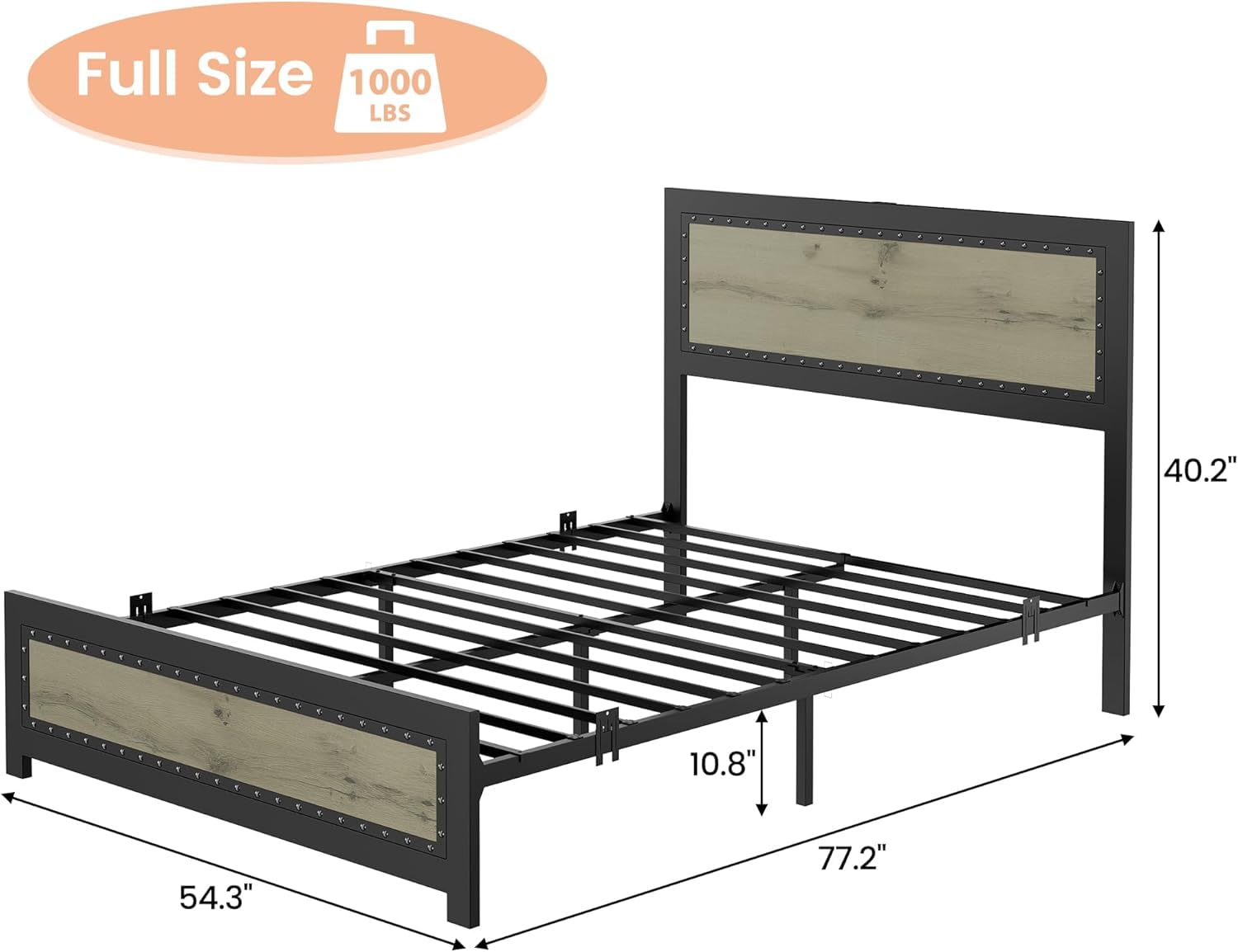 GarveeHome Full Size Bed Frame with Charging Station, Industrial Design Platform Bed Frame with Headboard and Metal Slated Frame, No Spring Box Need, Easy Assembly, Wash Grey