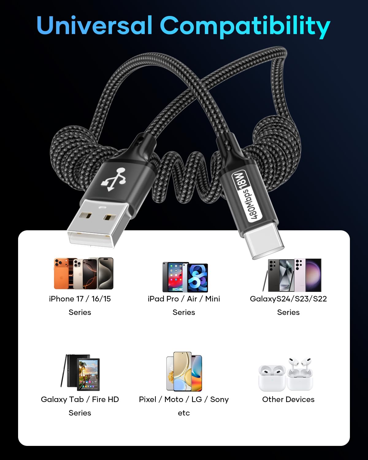 Zestiq Cavo USB C Spirale, 【0.4M-0.9M】 Cavo Retrattile USB Tipo C per Carplay, Cavo di Ricarica USB A a Tipo C Android Auto Compatibile con iPhone 17, 16, 15, iPad, Samsung Galaxy, Google Pixel-Nero