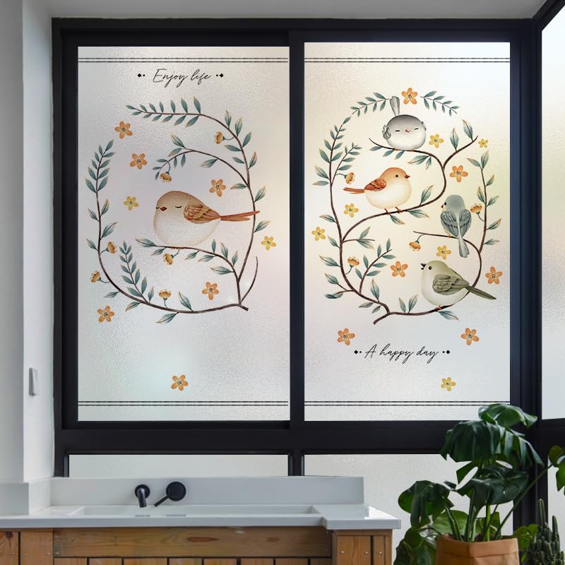 Blue Leaves Orange Privacy Film for Glass Windows Opaque Window Film Stained Glass Window Film