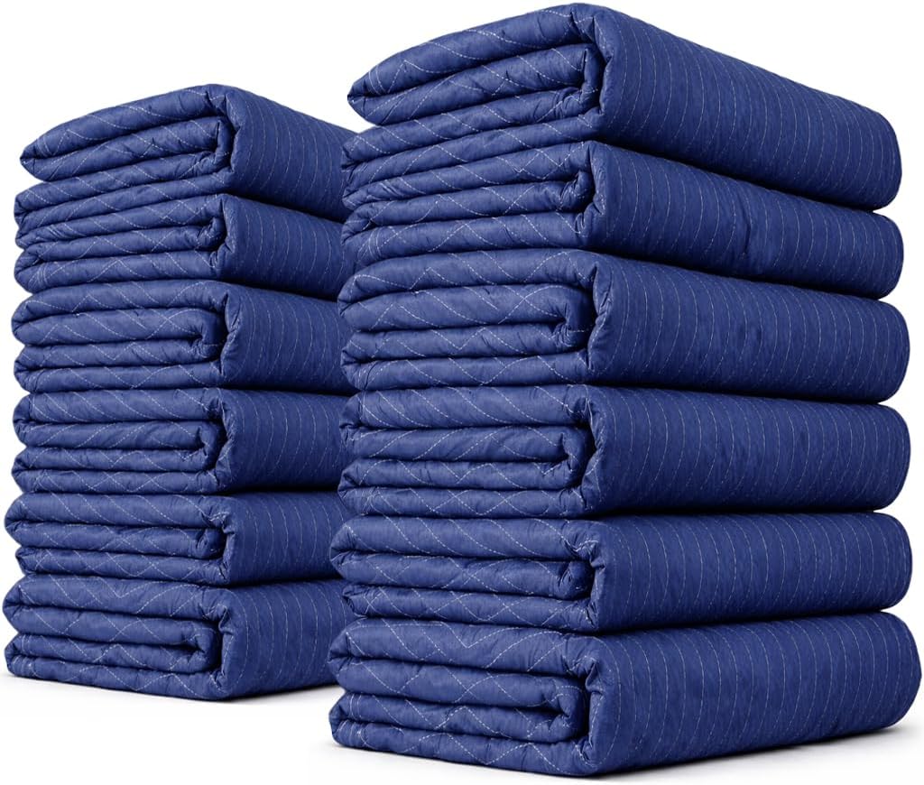 US Cargo Control Moving Blankets Heavy Duty 72"x80" 12-Pack (43 lbs/doz), Packing Blankets for Moving Furniture, Shipping, and Storage, Lightweight Quilted Furniture Pads, Tough Blue Polyester