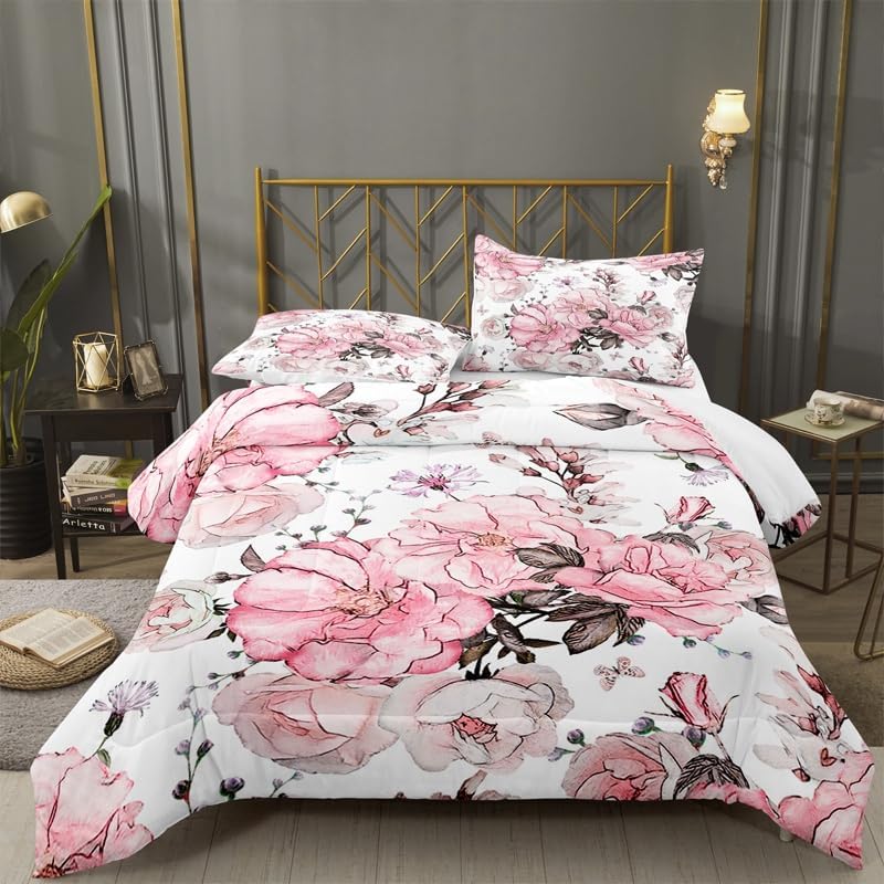 Pink Flowers Comforter Set Queen Spring Floral 3 Pieces Microfiber Bedding Quilt for Couples Boys Girls Teens