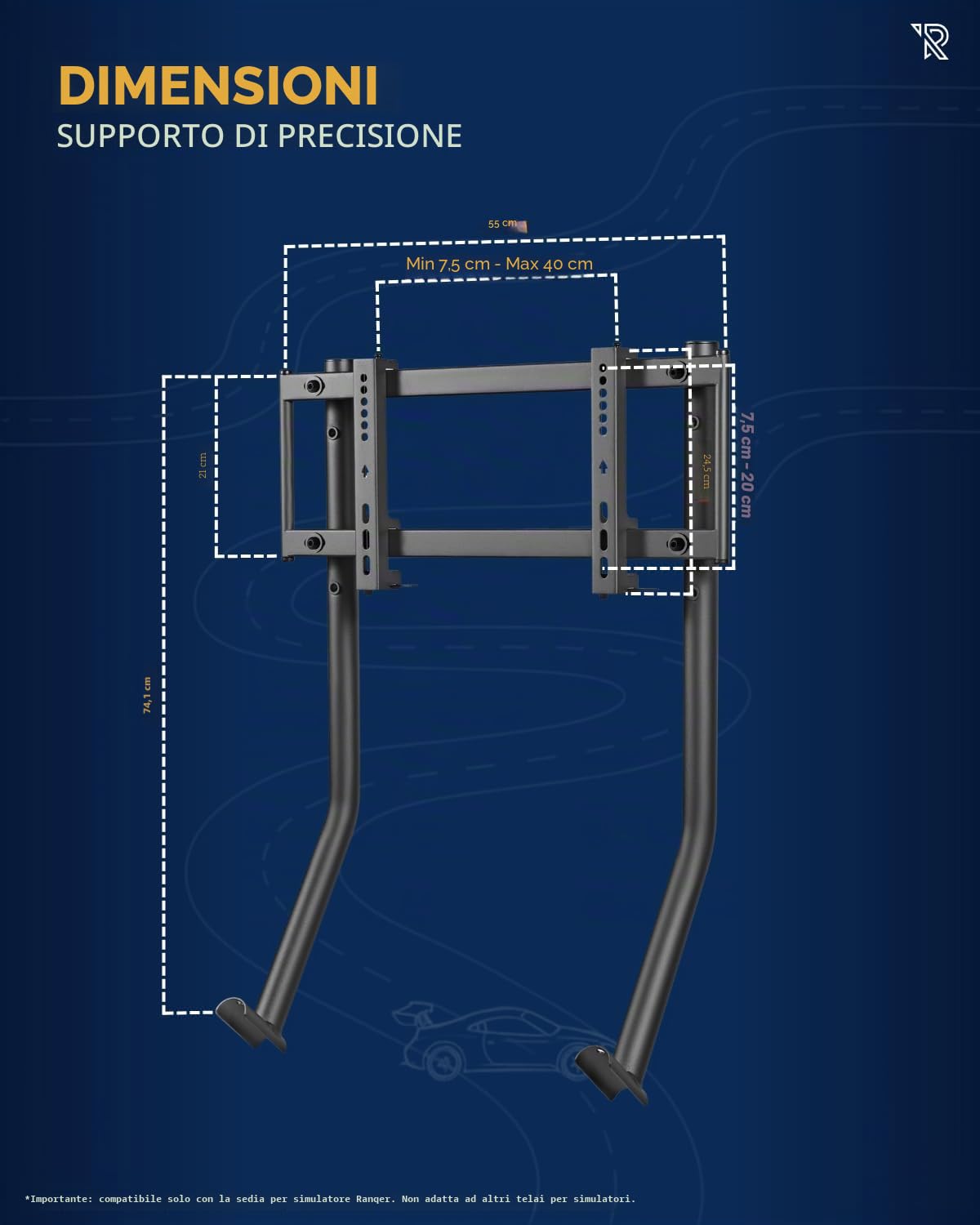 Supporto Monitor Per Simulatore Di Guida, Compatibile Con Sedie Da Corsa Ranqer, Regolabile 10°, Per TV 32-50'', Metallo Nero Con Rivestimento Antigraffio E Viti Incluse