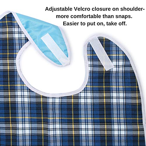 Adult Bib For Eating, Waterproof Clothing Protector With Crumb Catcher. Machine Washable, (Blue Plaid) #TOP1