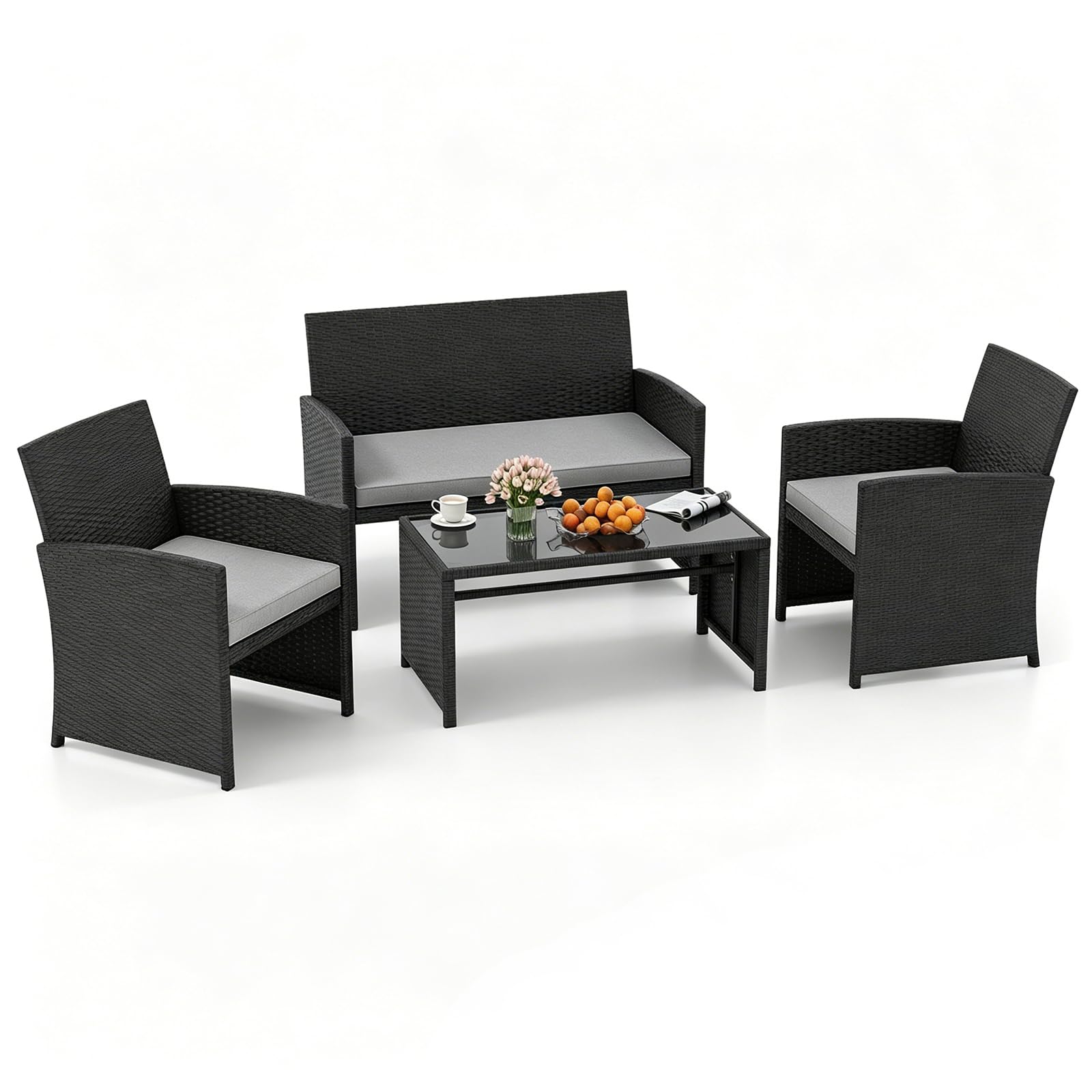 RELAX4LIFE 4PCS Rattan Garden Furniture Set, Conversation Set with Coffee Table and Removable Cushions, Wicker Sofa Chair and Table Set (Black+Grey, Loveseat: 107 x 63 x 78cm (L x W x H))