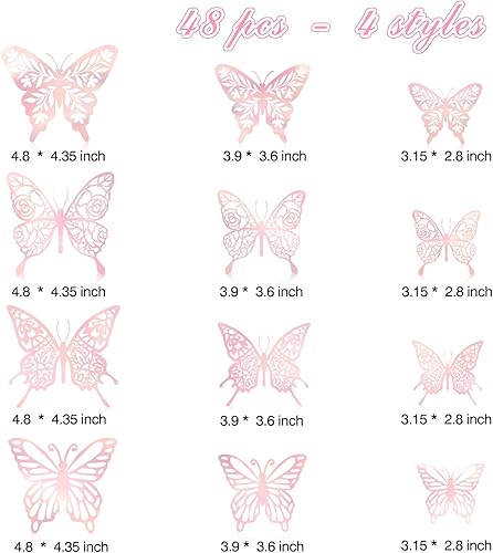 Miniatura 2 de Calcomanías de mariposa rosa para decoración de cumpleaños, boda, fiesta, baby shower, decoración de mariposa 3D, 48 unidades, 4 estilos, 3 tamaños,