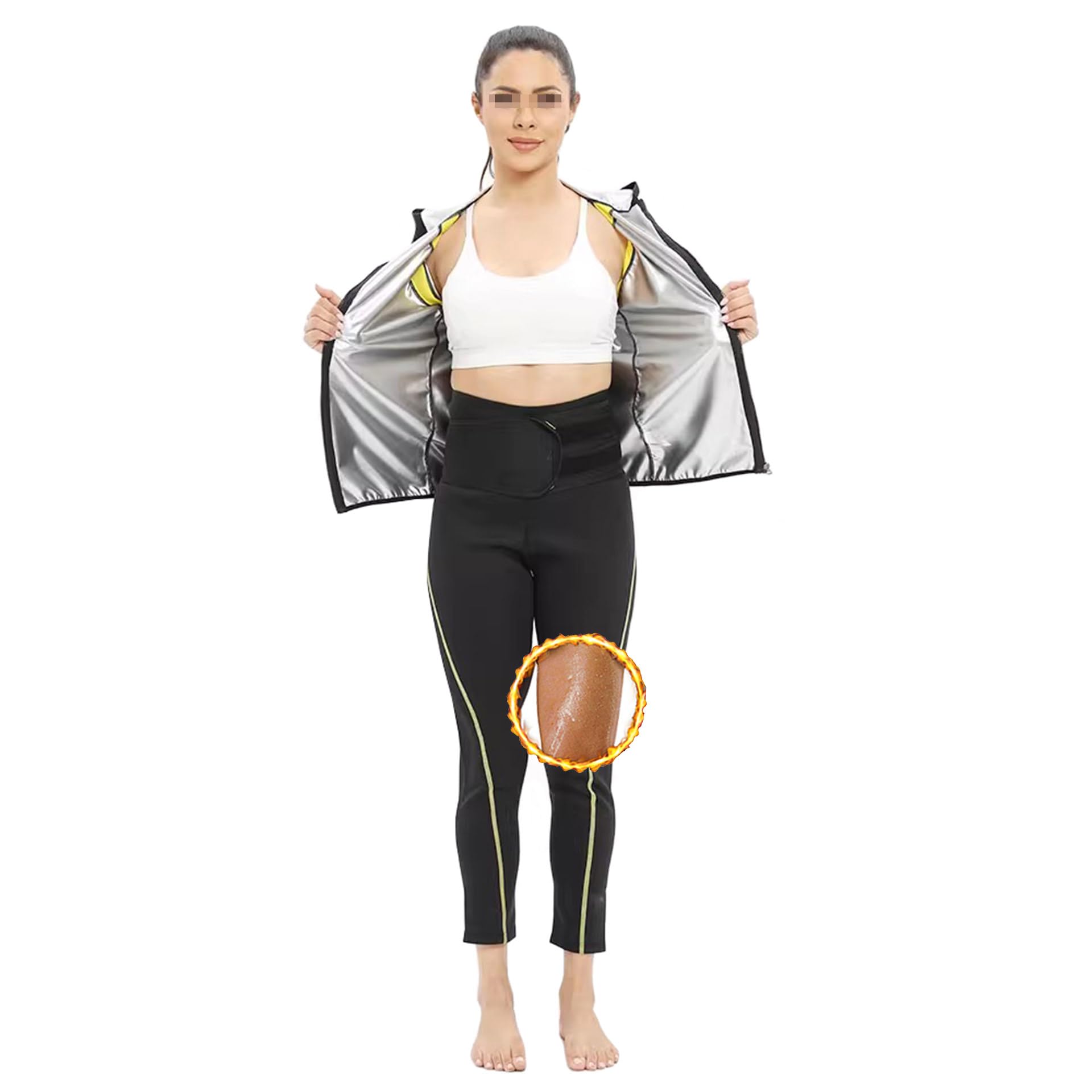 Traje Sauna Mujer, Fajas Reductoras Mujer Adelgazantes, Trajes De Sudoración para Fitness Yoga Running, Traje De Sudor Pérdida De Peso - Conjunto De Pantalón Superior