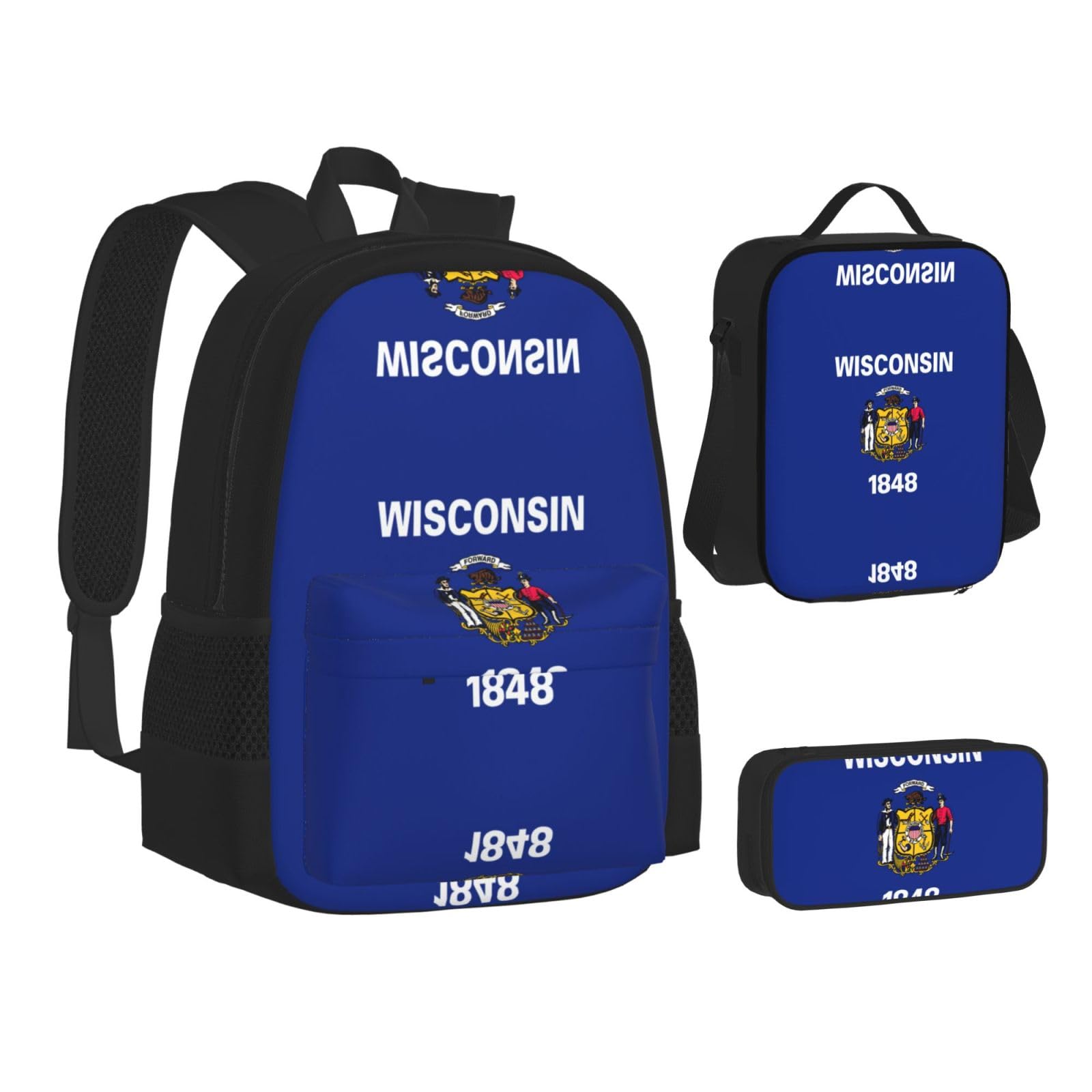Flaga stanu Wisconsin plecak dziecko chłopcy dziewczęta pudełko na lunch szkoła torba zestaw uczniów szkoły student prezent, Czarny, One Size, Bagaż