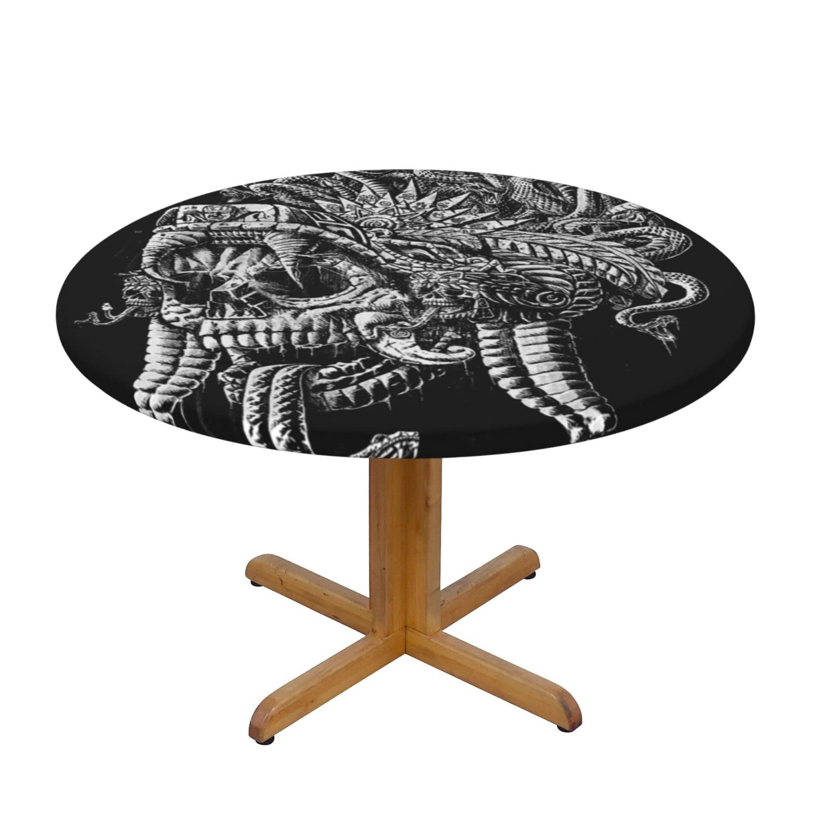 Lsjuee Round Fitted Tablecloth 45-50in Elastic Edged Table Cloth for Kitchen Dining Party Home Decor - Abstract Skull Tribe Snake Black
