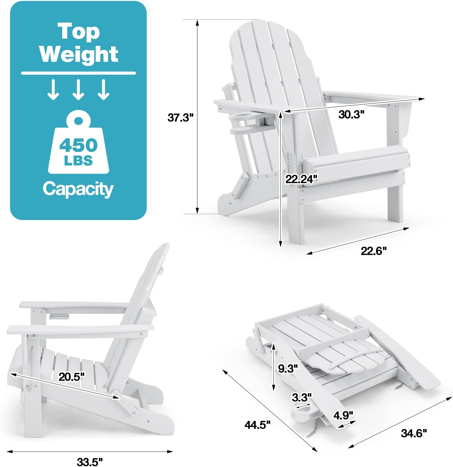 Erinnyees HDPE Adirondack Chair, HDPE Poly Lumber Weather Resistant Patio Chairs for Garden, Fade-Resistant and All-Weather Outdoor, White