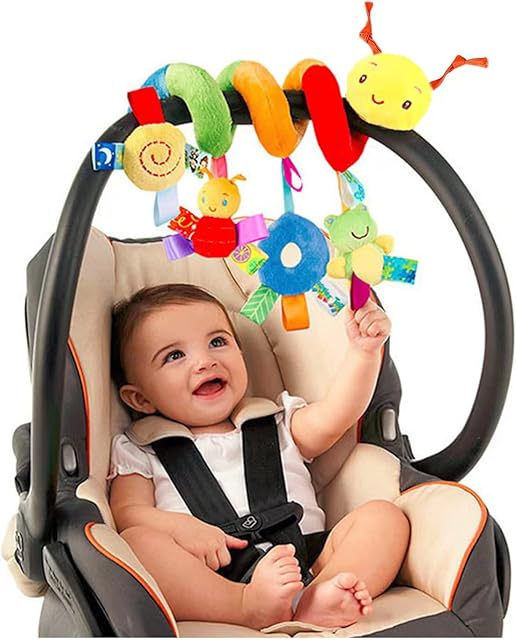 zhongdada Pram Toys, Baby Car Seat Toys Spiral Car Seat Toy Plush Activity Hanging Stroller Toys Crib Bassinet Mobile Toy with BB Squeaker,Safety Newborn Toys Bee Frog Hanging Baby Carseat Toys