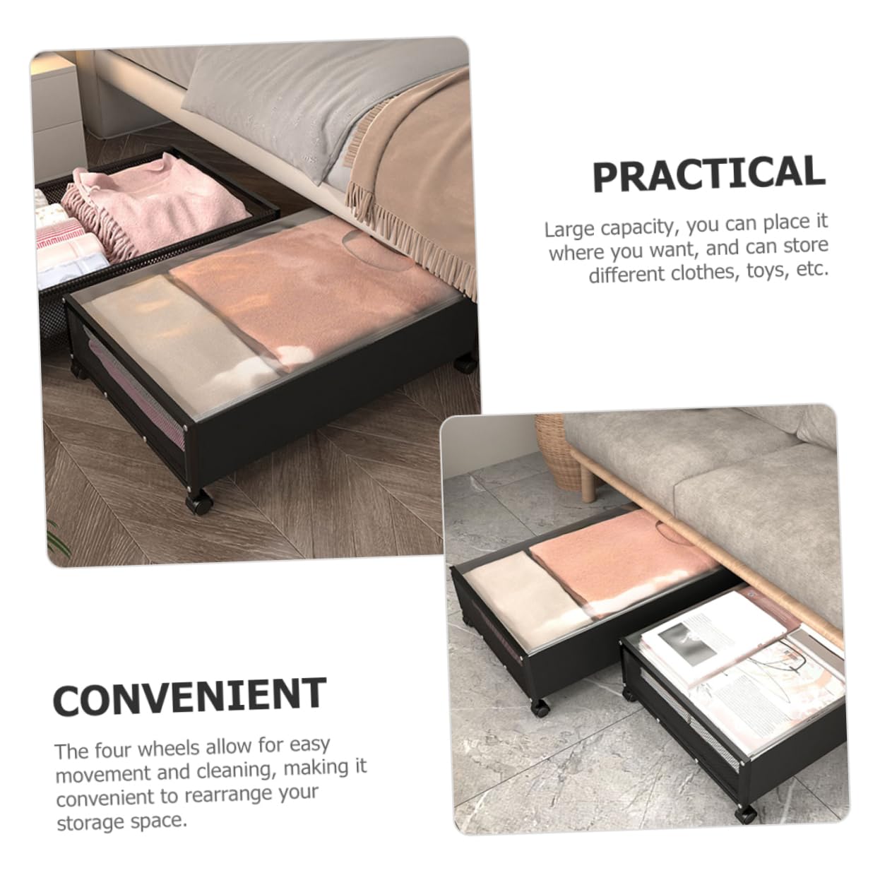 PRETYZOOM Cesta de Almacenamiento Debajo Cama Negro Tapa Transparente Organizador para Guardar Ropa Zapatos y Libros Dormitorio