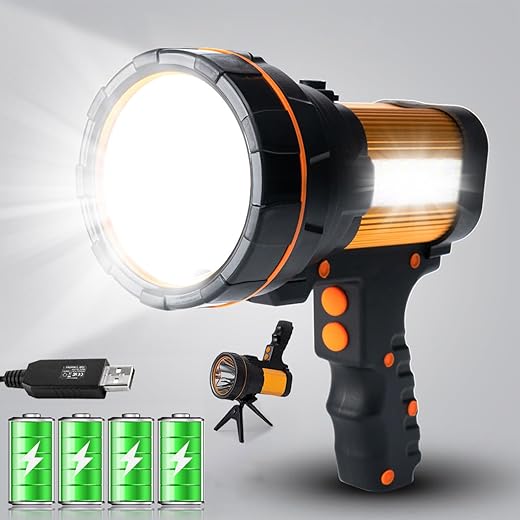GEPROSMA Super Bright Most Powerful Cordless Handheld Spotlight High 6000 Lumens Rechargeable Big LED Flashlight, Large Searchlight Long Lasting Long Range