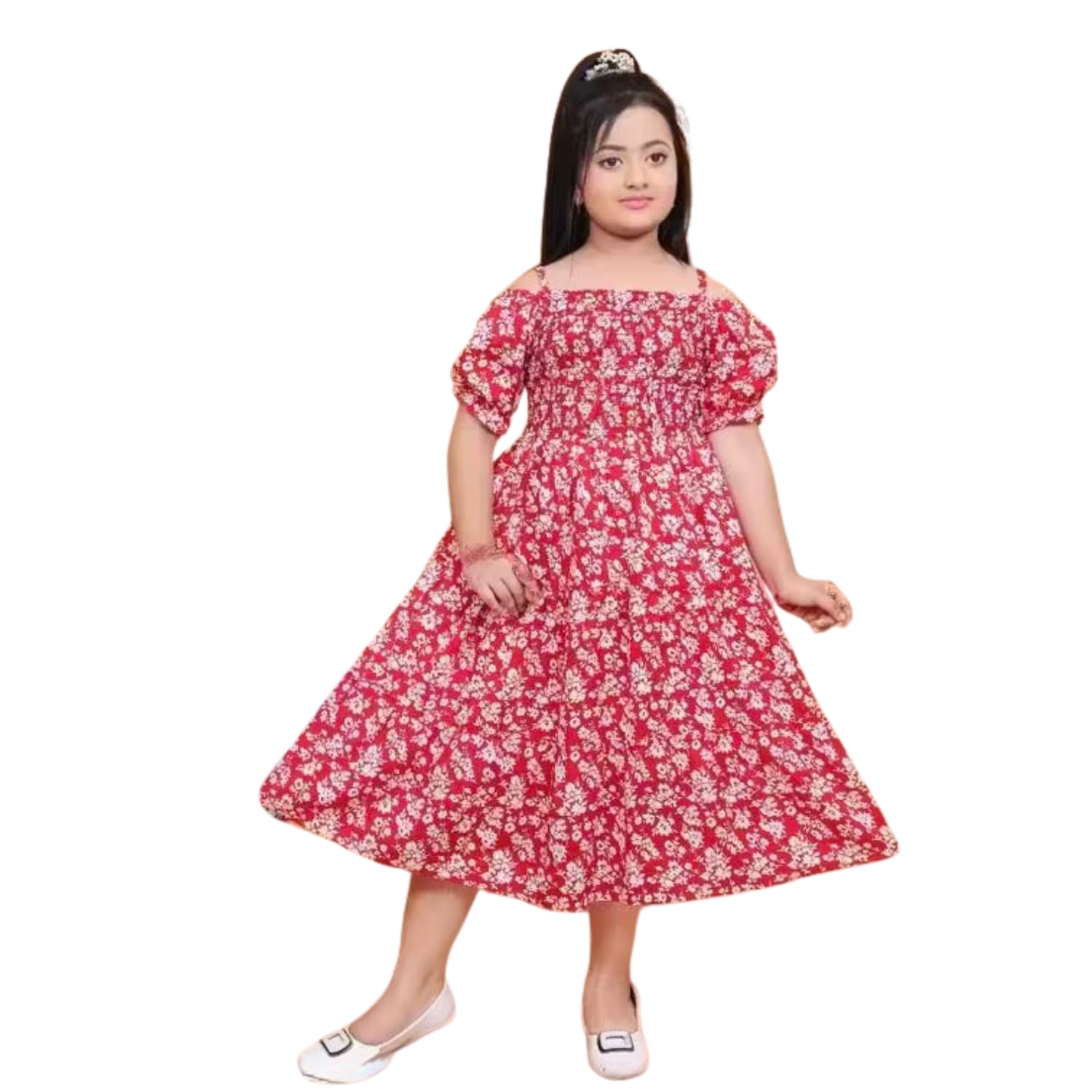 Beautiful All-Over Printed Cotton Blend Frock for Girls | Casual Party Dress with Puff Sleeves