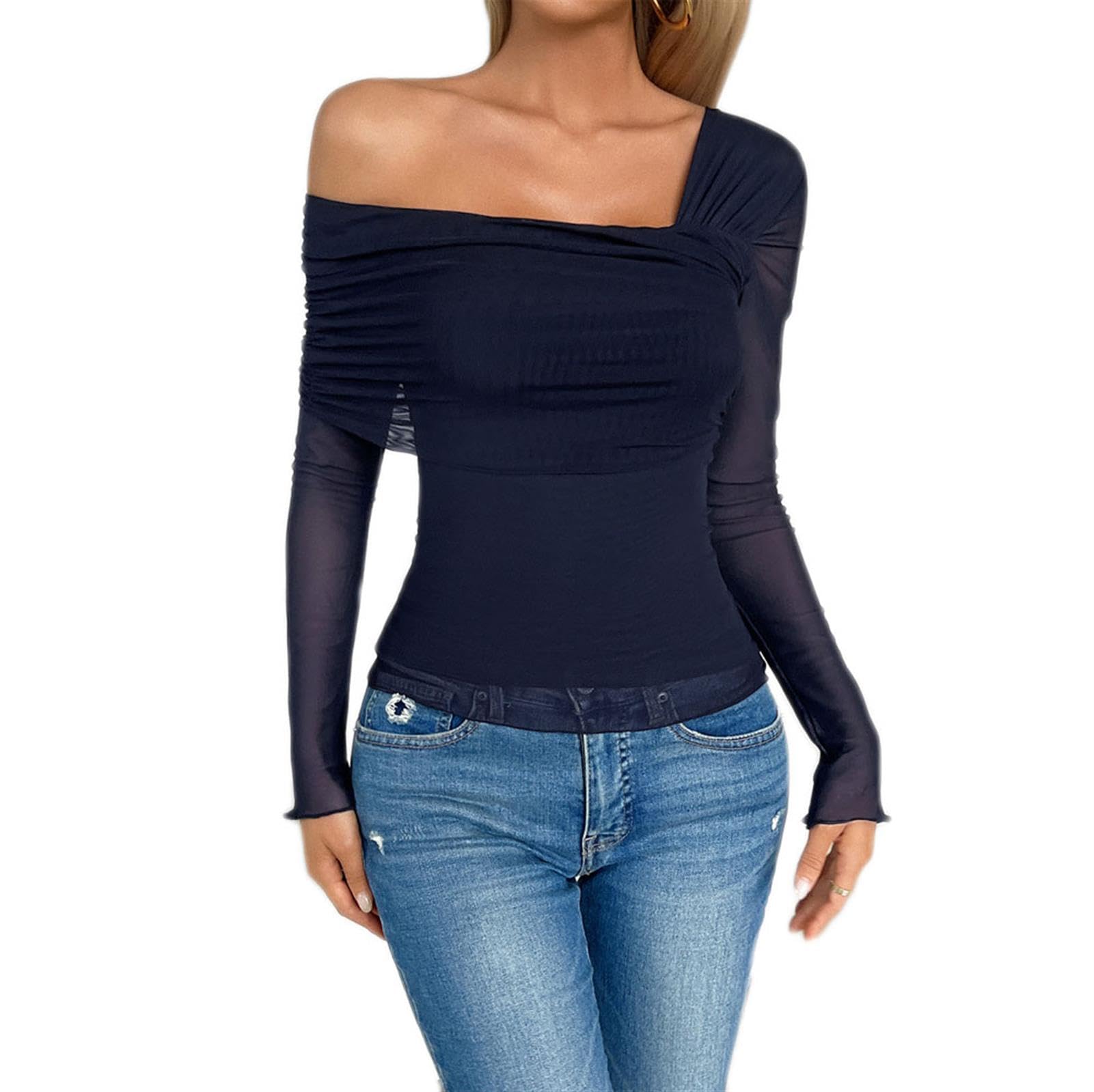 Frauen Slim Fit T-Shirts Gerafftes Crop Top Schulterfrei Langarm Casual Ausgehen Tops