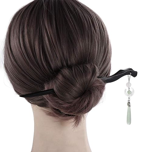 Miniatura 3 de Palillos de pelo de estilo chino Hanfu con borla de luna, horquilla de madera negra, pin de moño, palillos para el cabello para mujeres y niñas (B)