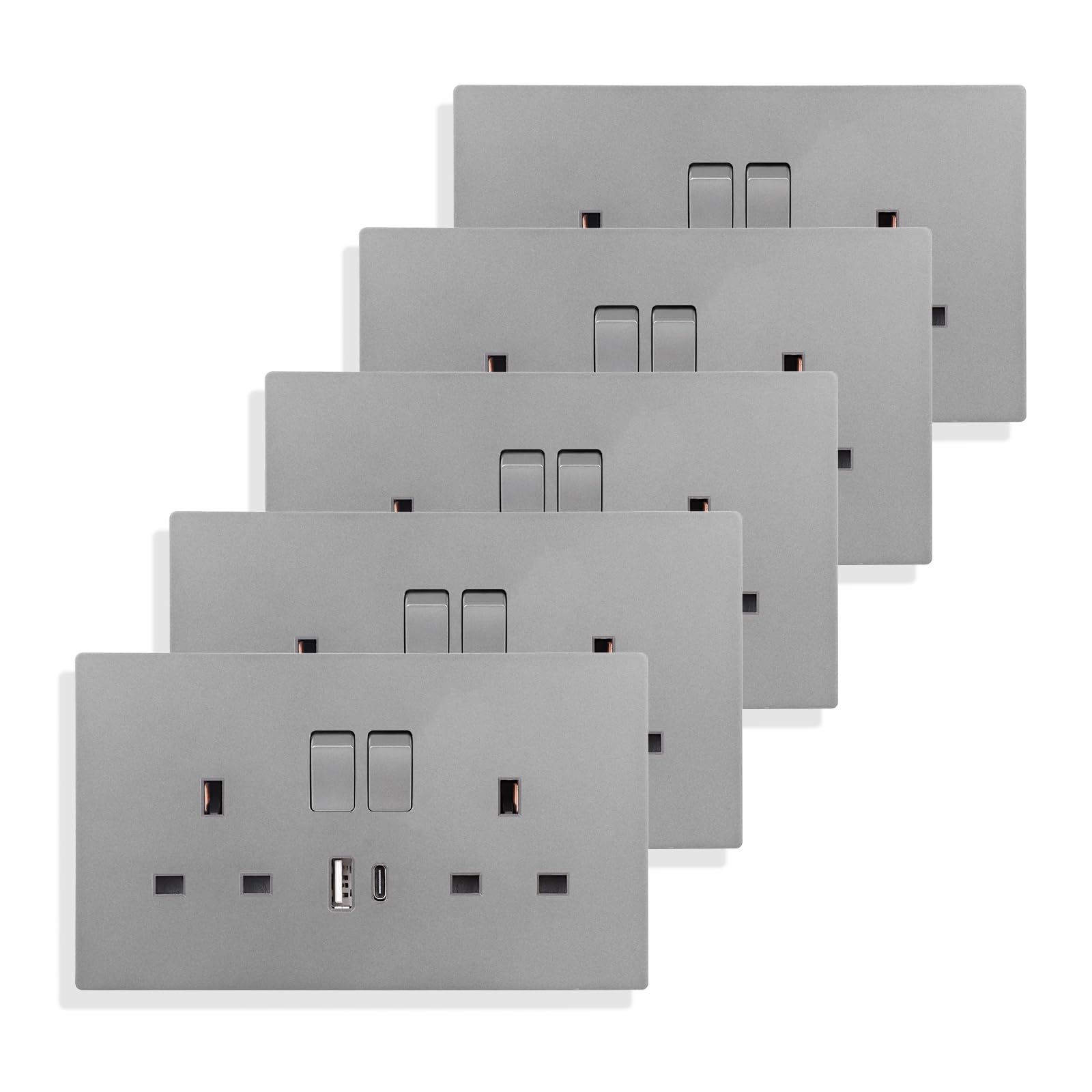 JIMEIDA Grey Double Switched Power Socket 5 Pack 13 Amp with USB-A and Type-C Charging Ports Crystal Wall Outlet Power Socket 146mm*86mm