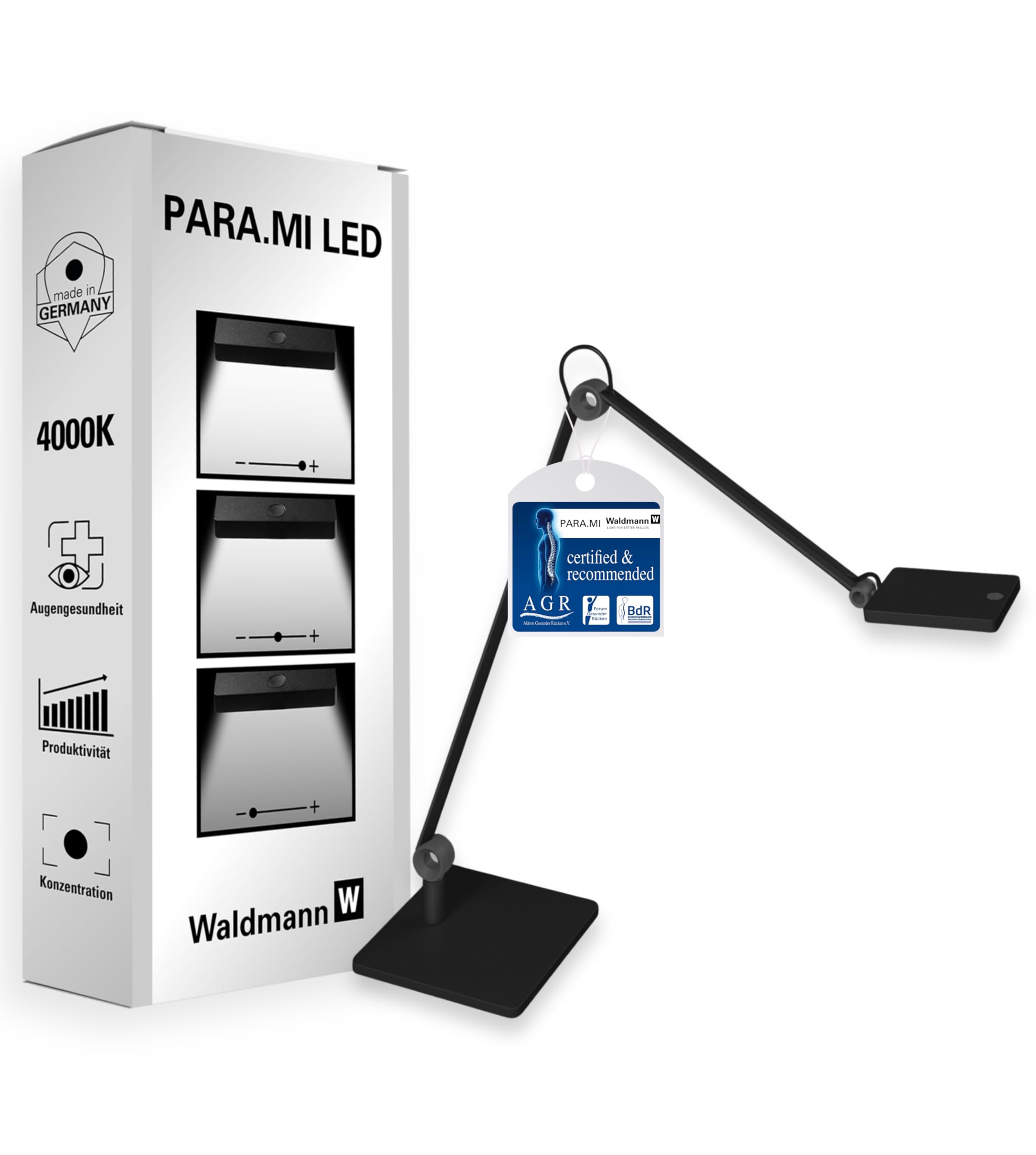 Waldmann Schreibtischlampe | PARA.MI | LED Tischlampe für Home-Office, Büro & Schreibtisch | German Design Award | 4000 K (Schwarz)