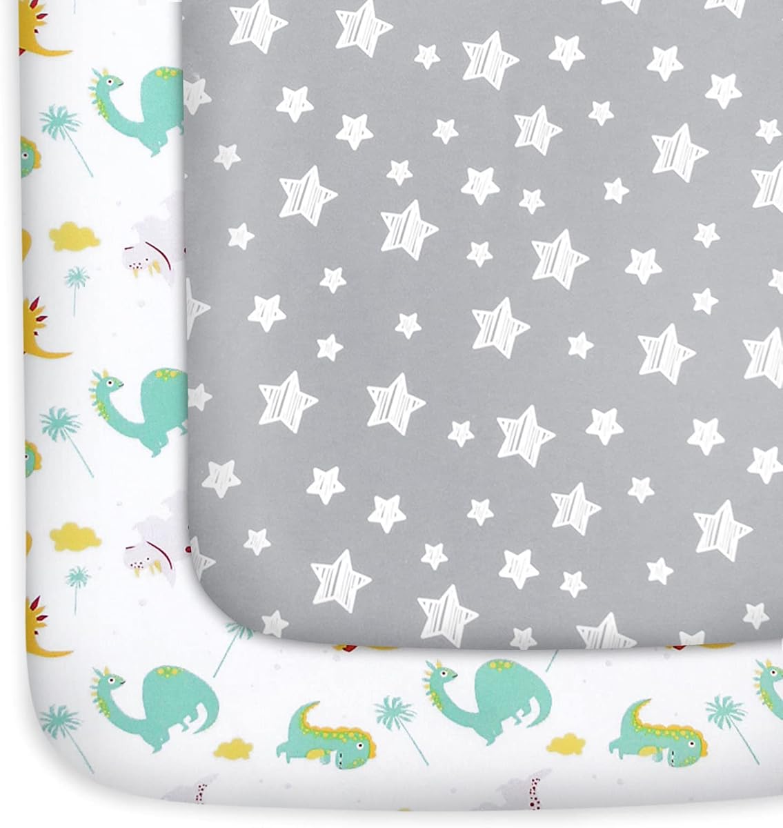 Pack and Play Sheets, Mini Crib Sheets, Stretchy Playard Fitted Sheet | Compatible with Graco Pack n Play, Soft and Breathable Material, Dinosaur and Grey Star