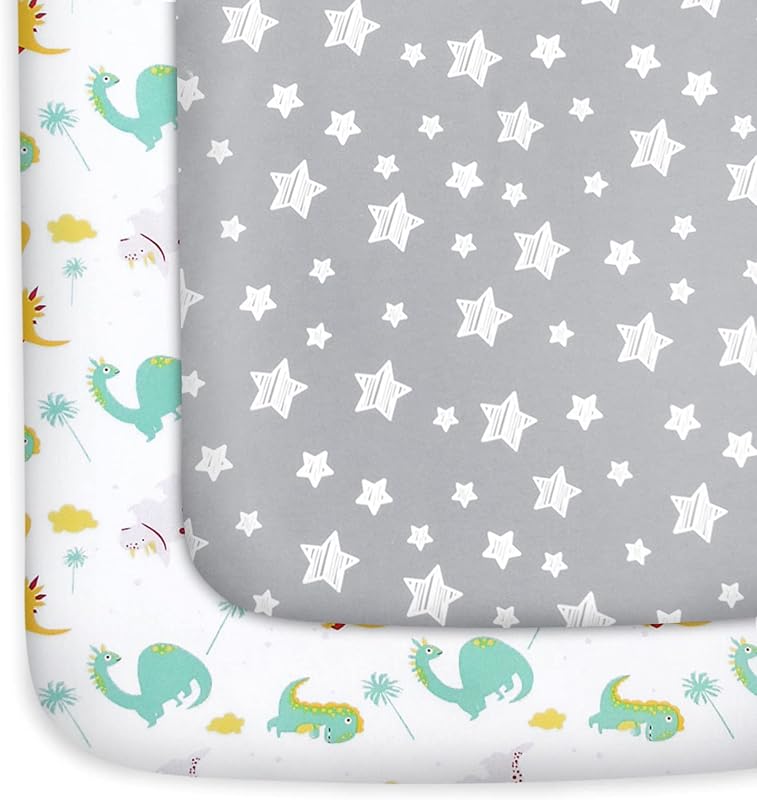 Pack and Play Sheets, Mini Crib Sheets, Stretchy Playard Fitted Sheet | Compatible with Graco Pack n Play, Soft and Breathable Material, Dinosaur and Grey Star