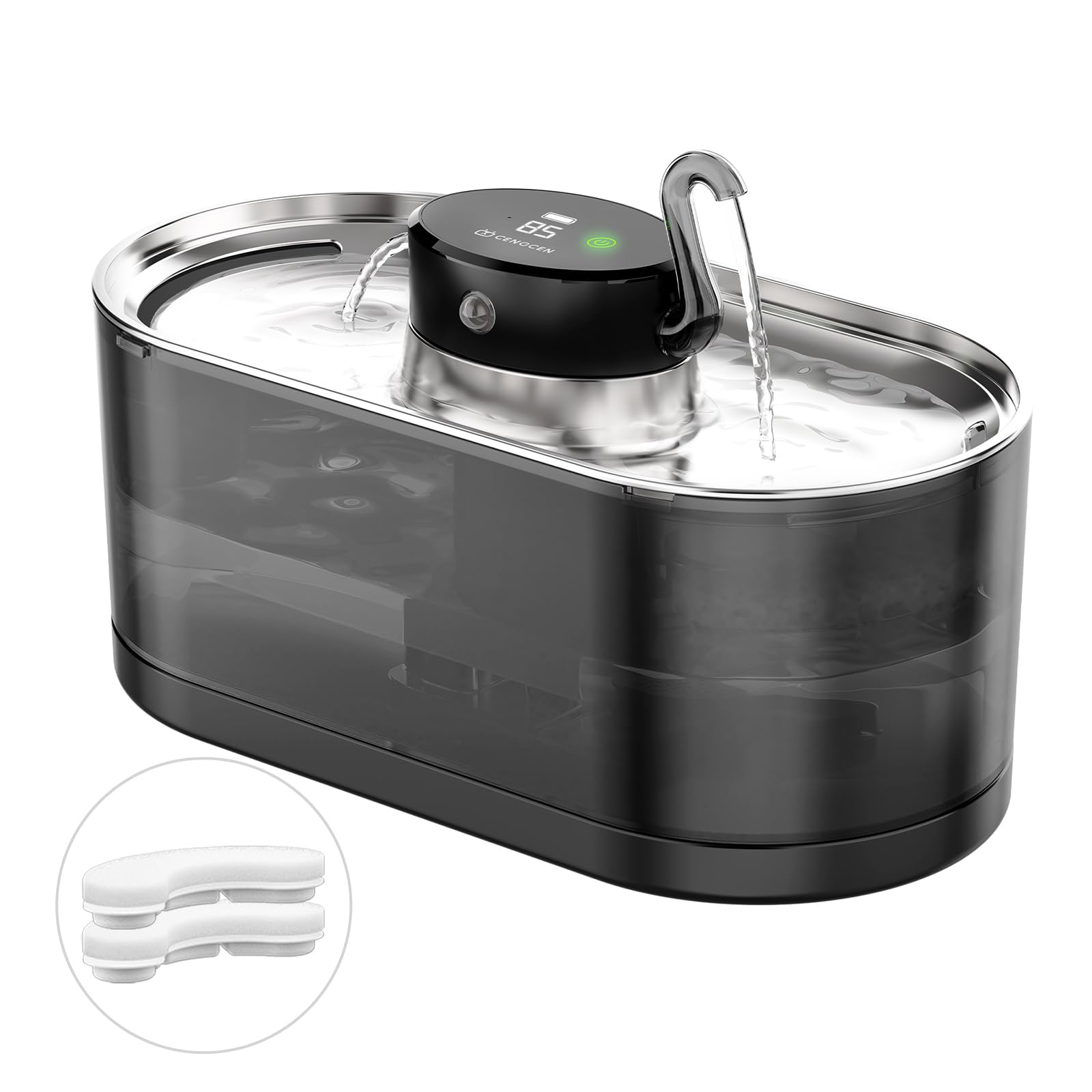 Cat Water Fountain Cordless, 108oz/3.2L Wireless Cat Fountains for Drinking, Pet Water Fountains for Cats Indoor, Automatic Cat Water Dispenser Battery Operated Rechargeable, Stainless Steel Black