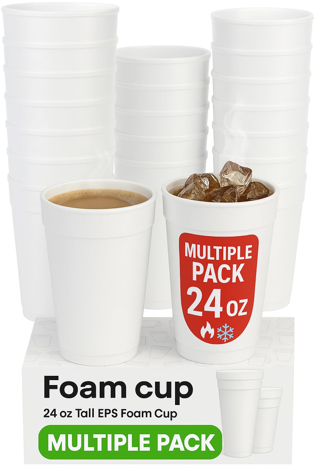 24 oz Insulated Foam Cups | Disposable Coffee Cups for Hot & Cold Drinks | White Bulk Pack for Parties, Events & Businesses | 3.7" Rim, 6.9" Height (