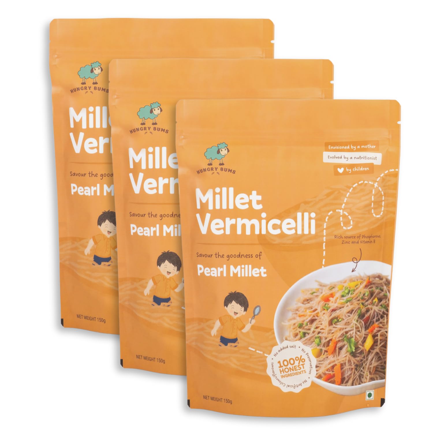 Hungry Bums Pearl Millet Vermicelli - Pack of 3 (150gm each) | Non-Fried Vegan Semiya | High in Fibre, Iron and Protein | No Maida Semiya | No MSG, No Preservatives