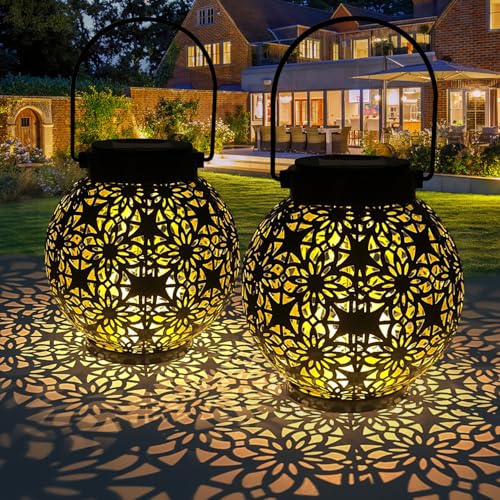 Image of 2026 Newest Solar Lanterns Light, KALAHOL 2 Pack Outdoor Lanterns for Garden with Beautiful Pattern, Outdoor Hanging Garden Solar Lights for Outside Patio Table Balcony Courtyard