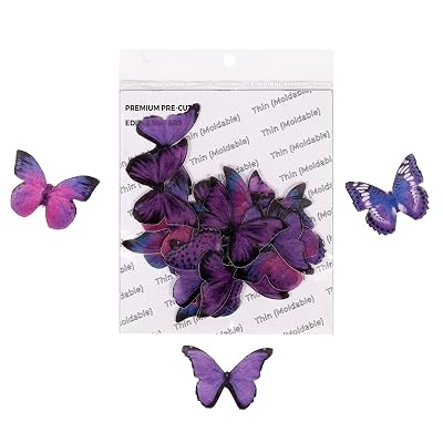 Tastycrafts Pre-Cut Wafer Paper Butterflies | Edible Stick-on Cake Topper | Decorations for Cupcake and Pastry | Purple 
