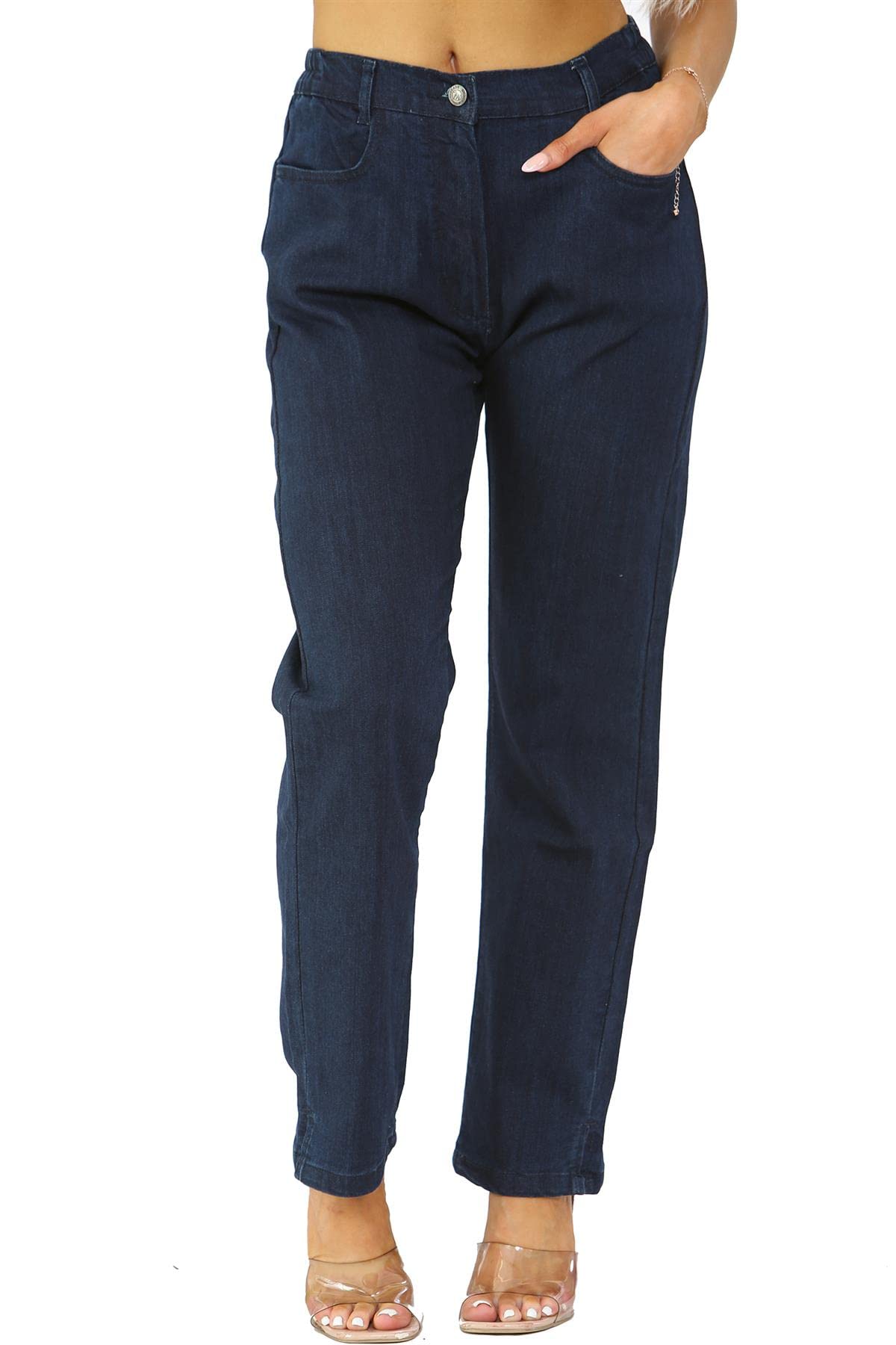 Myt Women's Dark Blue Side Elastic Waist Jeans Straight Leg Regular Fit Denim Pants Waist Size Dsw 24