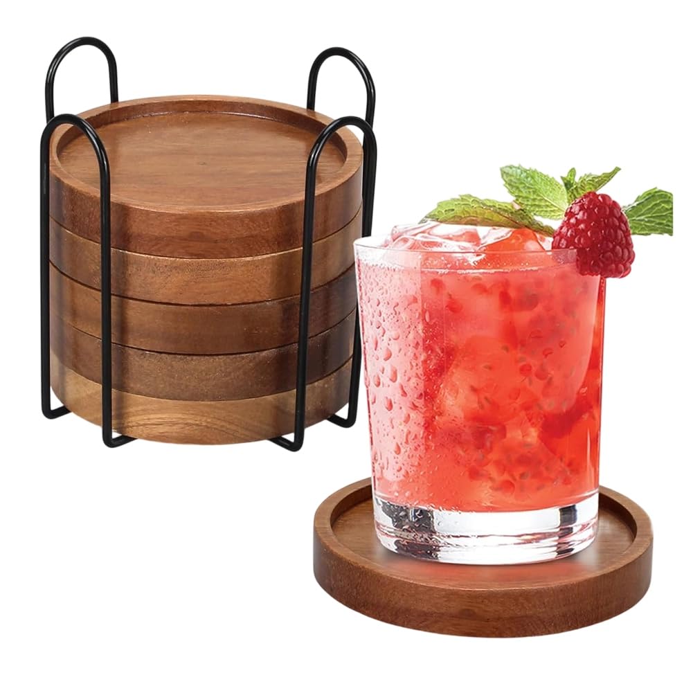 Aundhegrtt Wooden Coasters 6 Pcs with Holder Coffee Table Decor Modern Cup Coaster for Drink Home Dining Wood Coaster Set