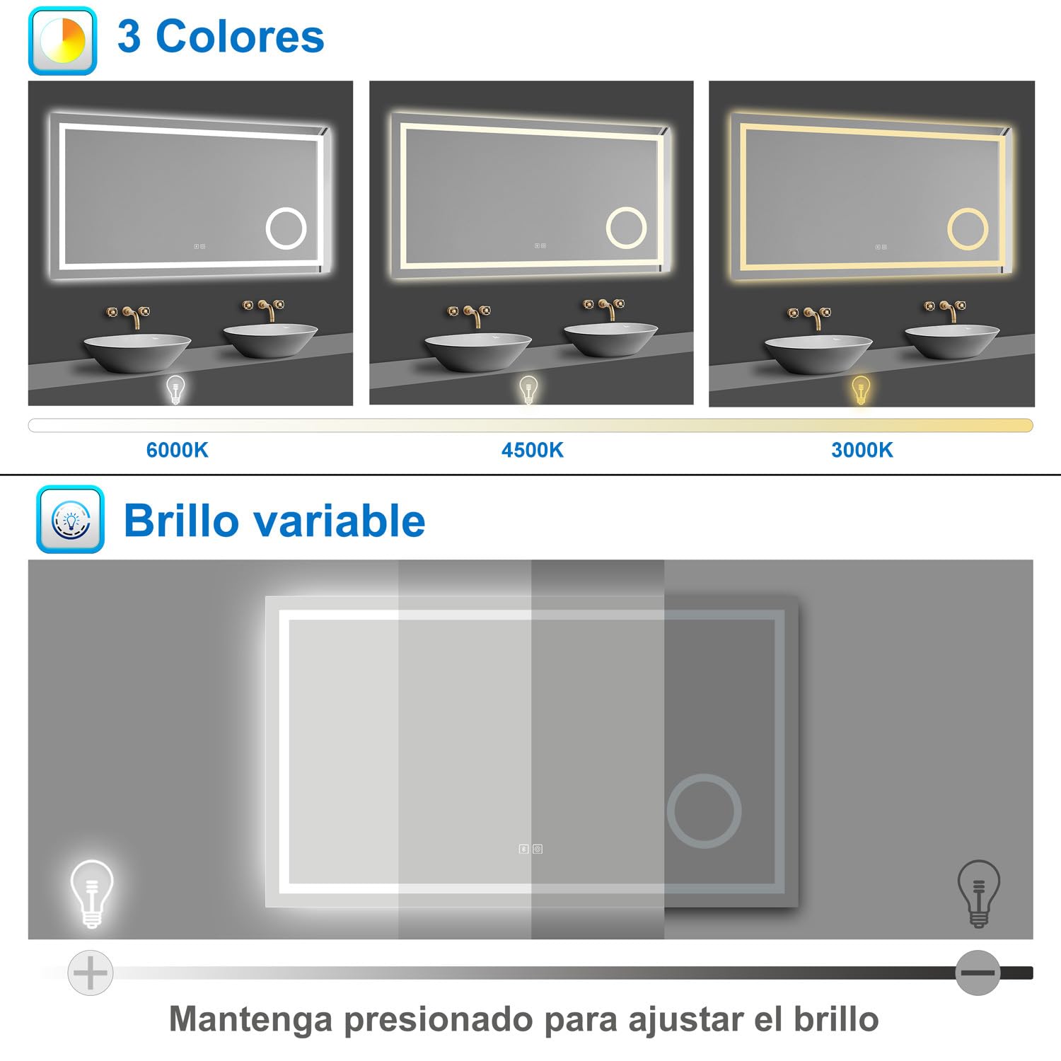 Aica Sanitaer Espejo de baño LED 160 x 80cm con Bluetooth, 3 aumentos, Tres Colores de luz Regulables 3000/4500/6000k, antivaho