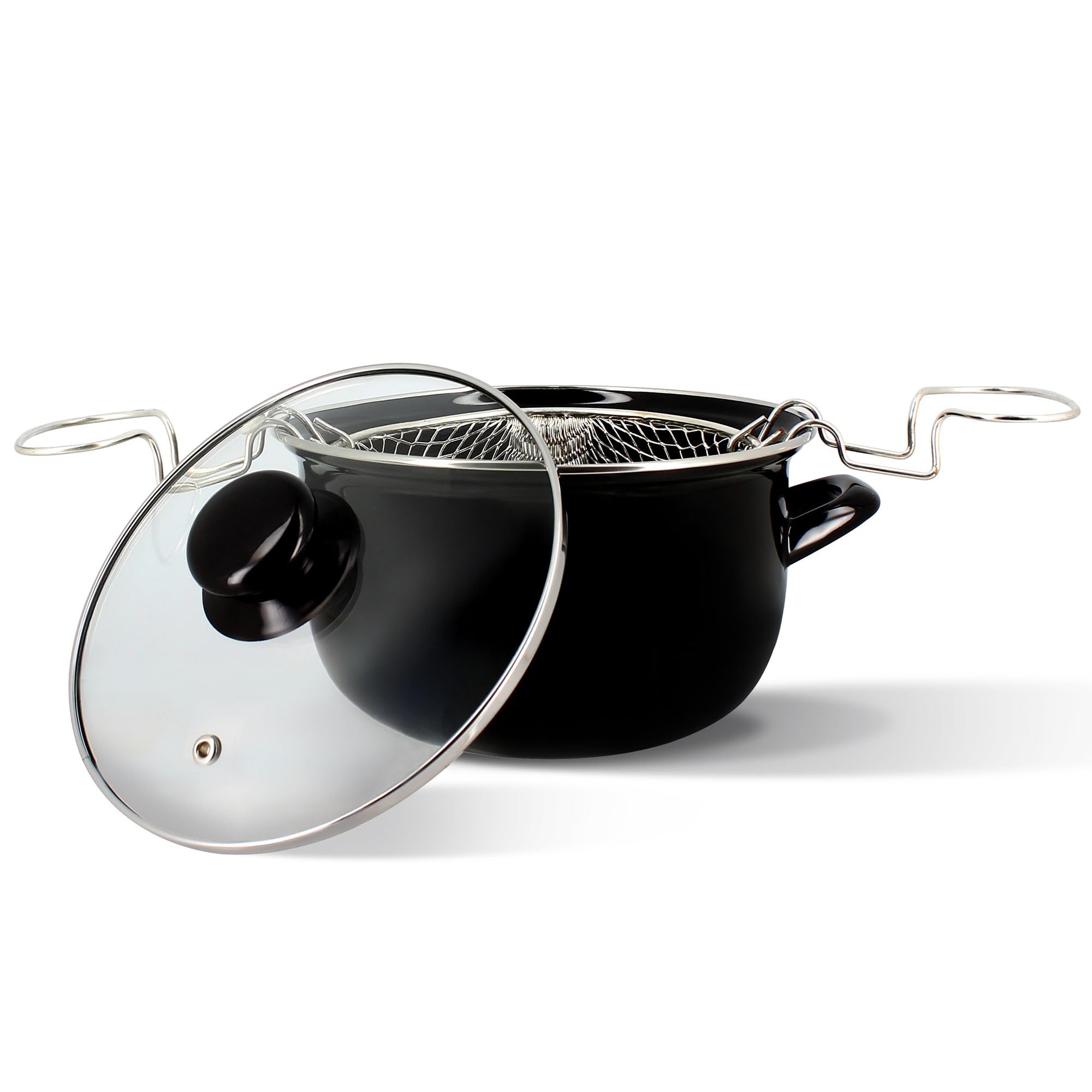 MENASTYL 3645579 - Freidora de 20 cm de acero esmaltado negro y borde cromado, incluye tapa y cesta, para deliciosas patatas fritas caseras