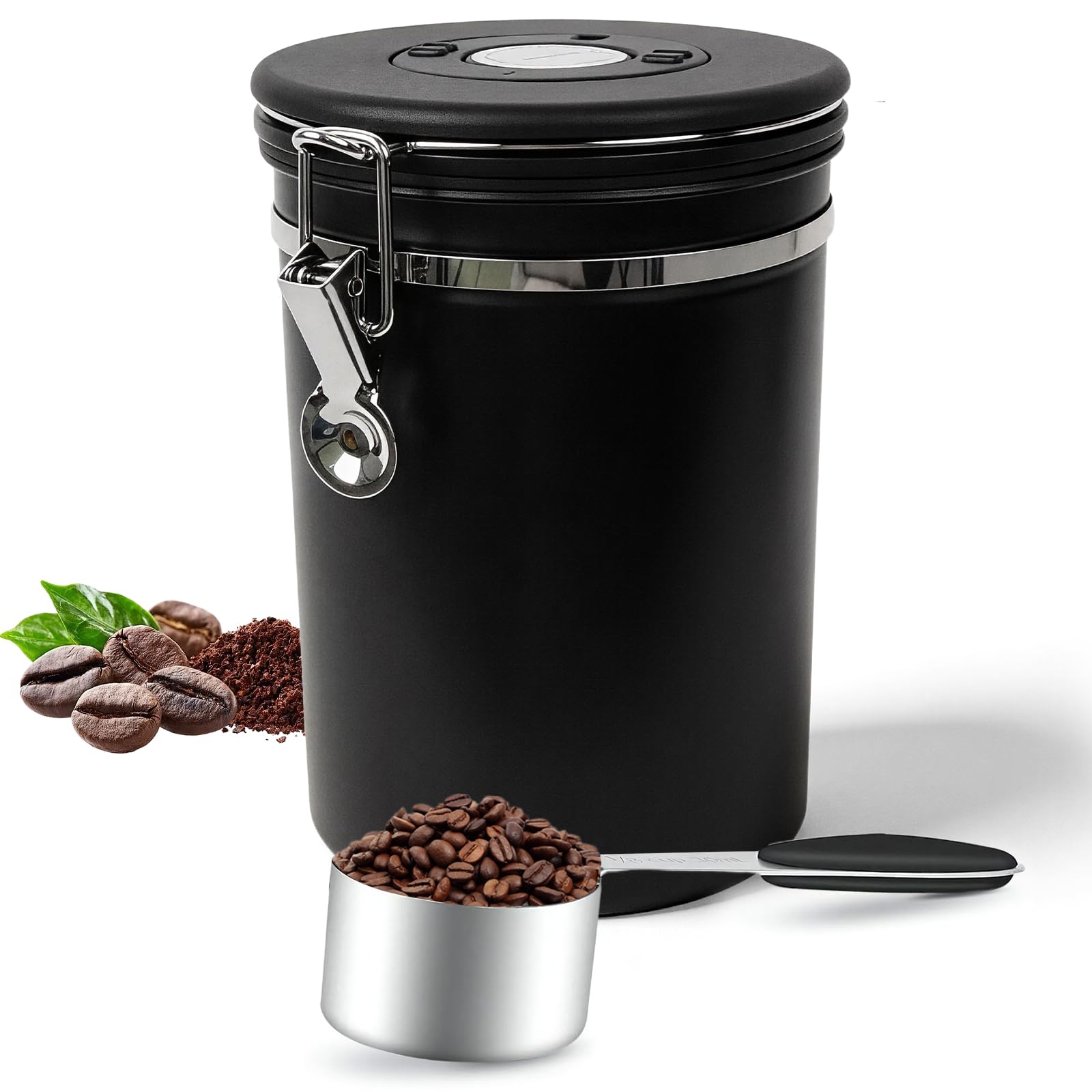 Zolirao Black Airtight Coffee Canister, 1800Ml Stainless Steel Coffee Bean Storage Container With Air Valve, Date Tracker And Scoop, Coffee Jar For Beans, Ground Coffee, Tea And Sugar