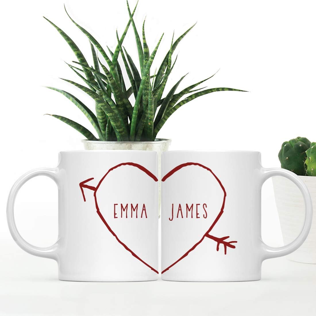 Andaz Press Personalized Valentine's Day 11oz. Coffee Mug Gift For Couple, Heart With Arrows Graphic Including Couple Names, 2-Pack, Custom Valentines Coffee Mugs Valentine Mugs Custom Mug For Couples
