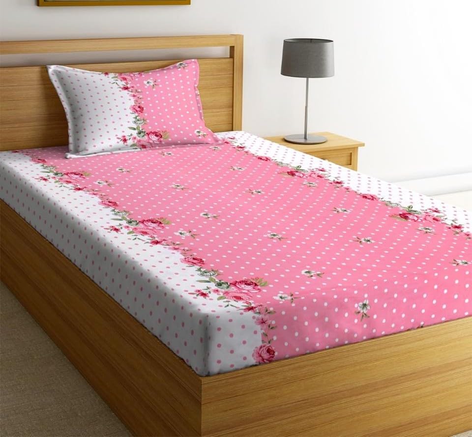 Image of la' amour Pure Cotton All Round Elastic Fitted Bedsheets with 1 Pillow Cover | Single Mattress Bed Breathable| Longlasting | Supersoft Size - 36 x 72 + 6 inches (Pattren Floral, Color -Pink and White)